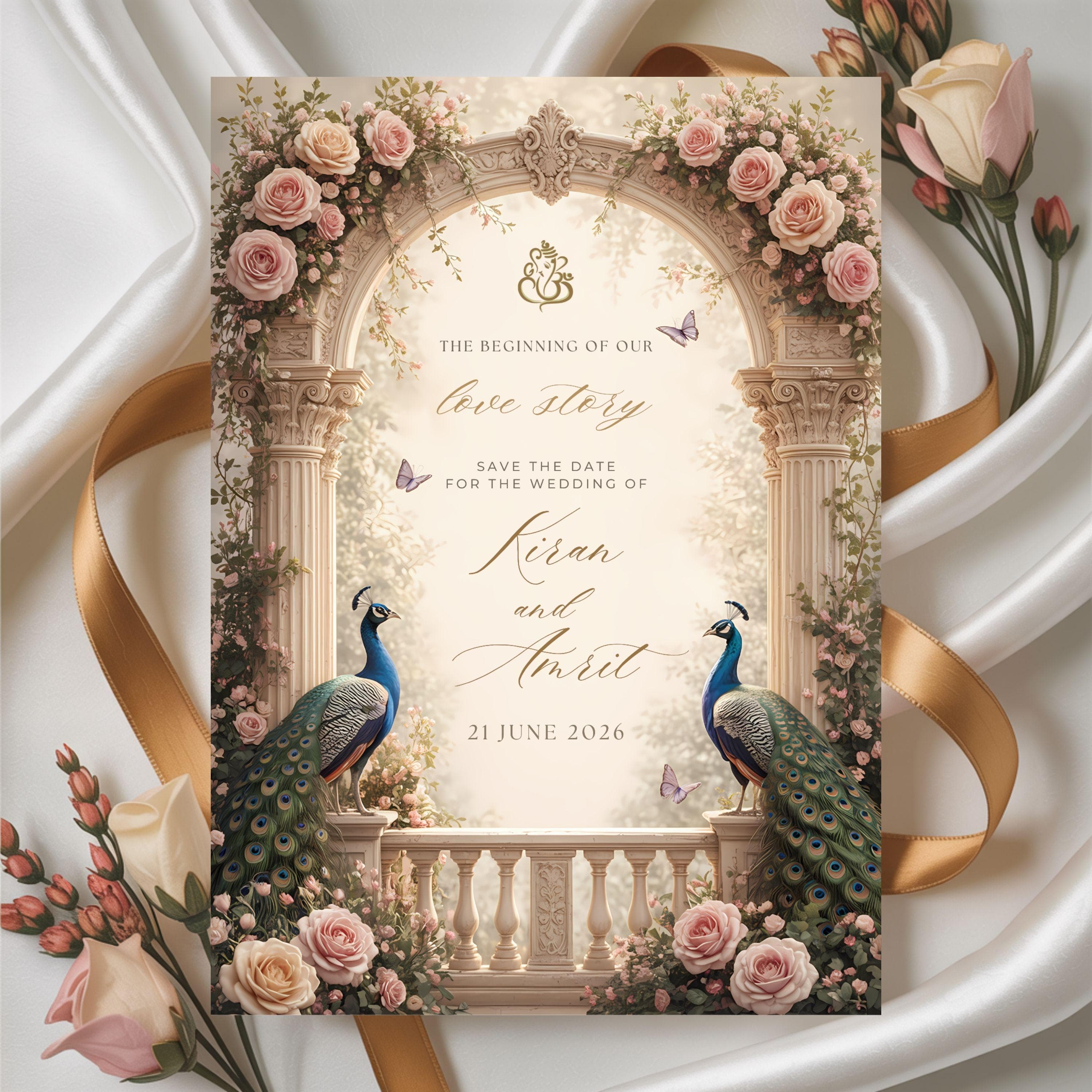 Luxury Indian Save the Date Template, Editable Peacock Wedding Invitation, Romantic Floral Arch Canva Invite