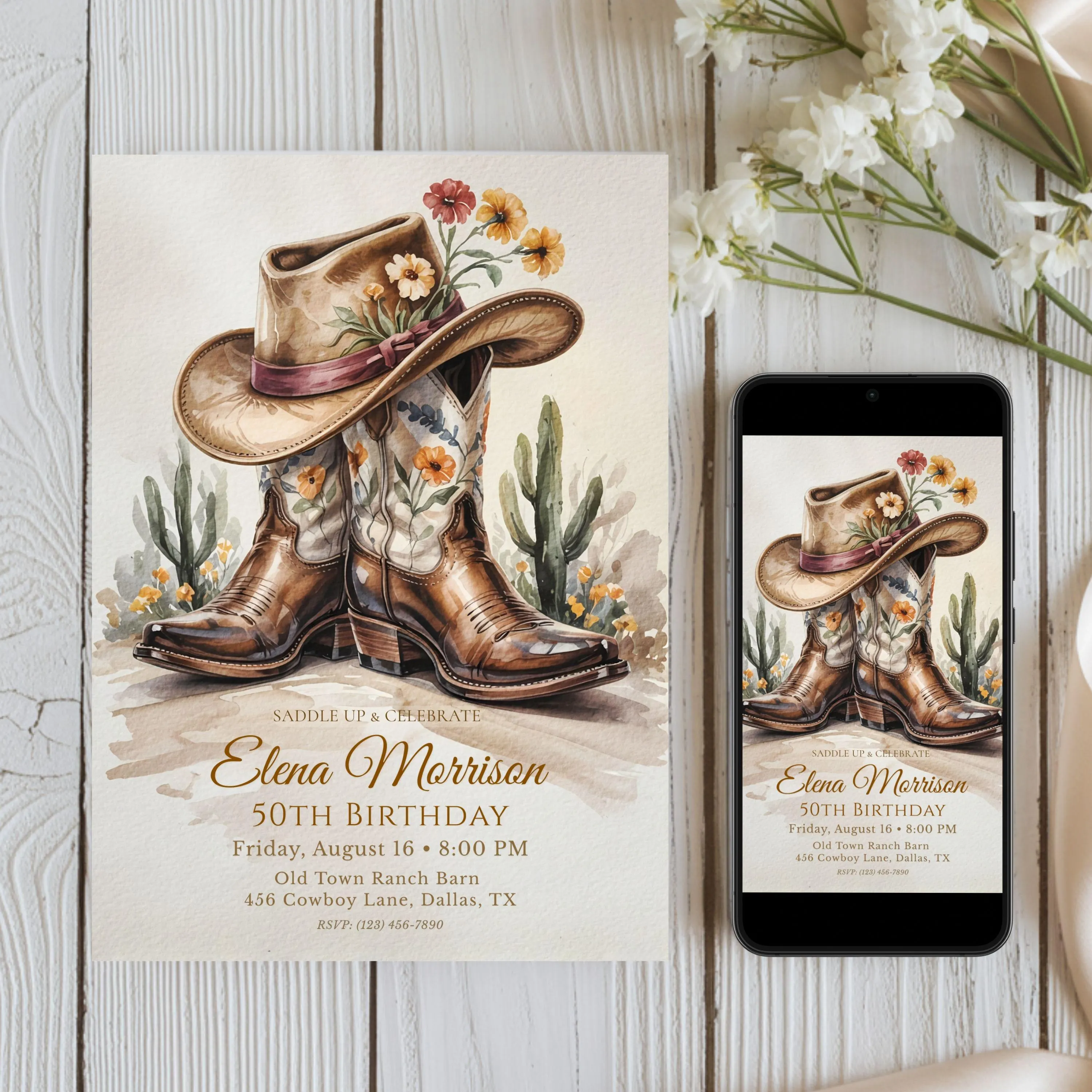 Digital western birthday invitation template shown as printable card and phone version.