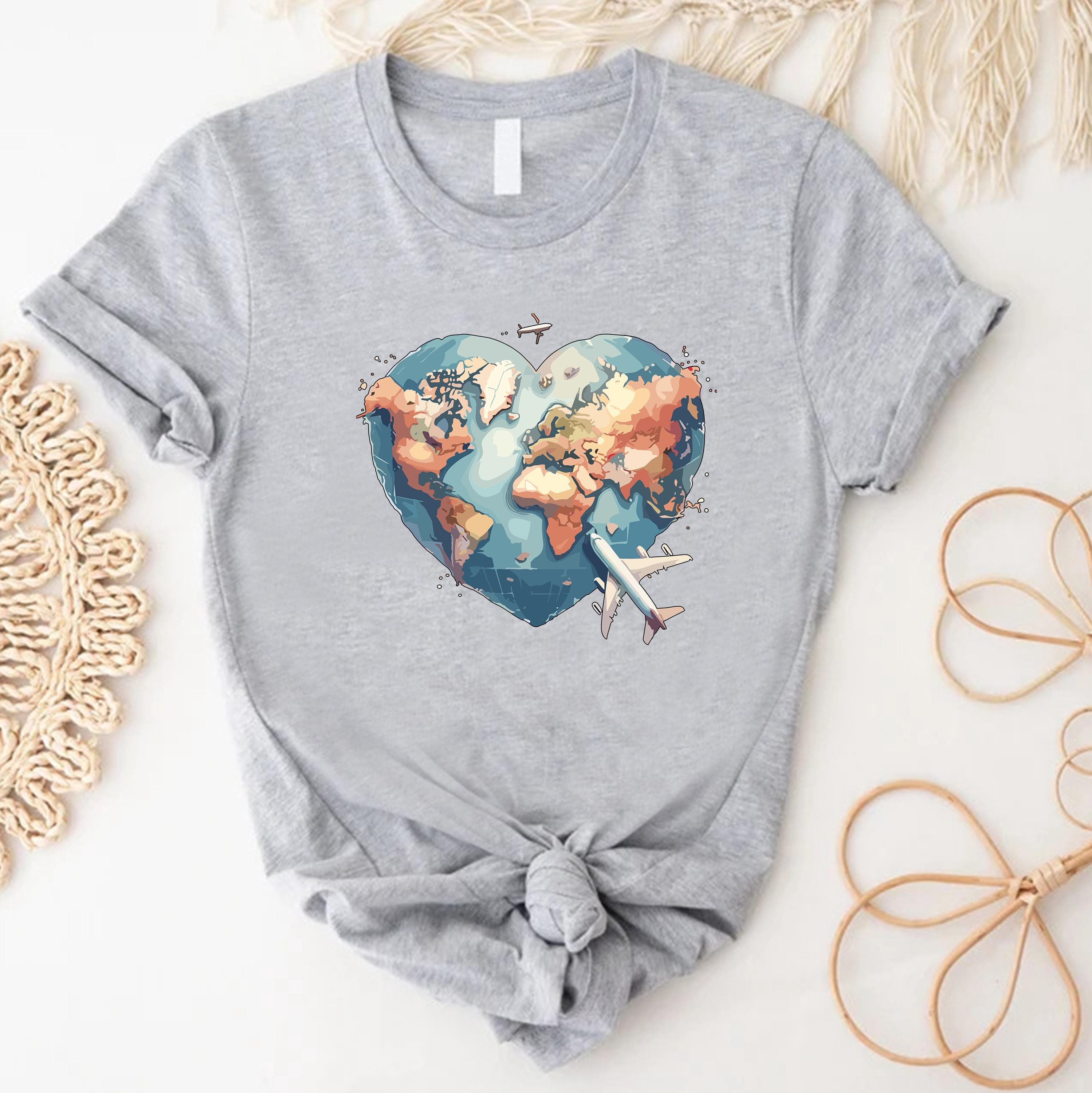 Heart World Map Shirt, Travel Lover Airplane Graphic Tee