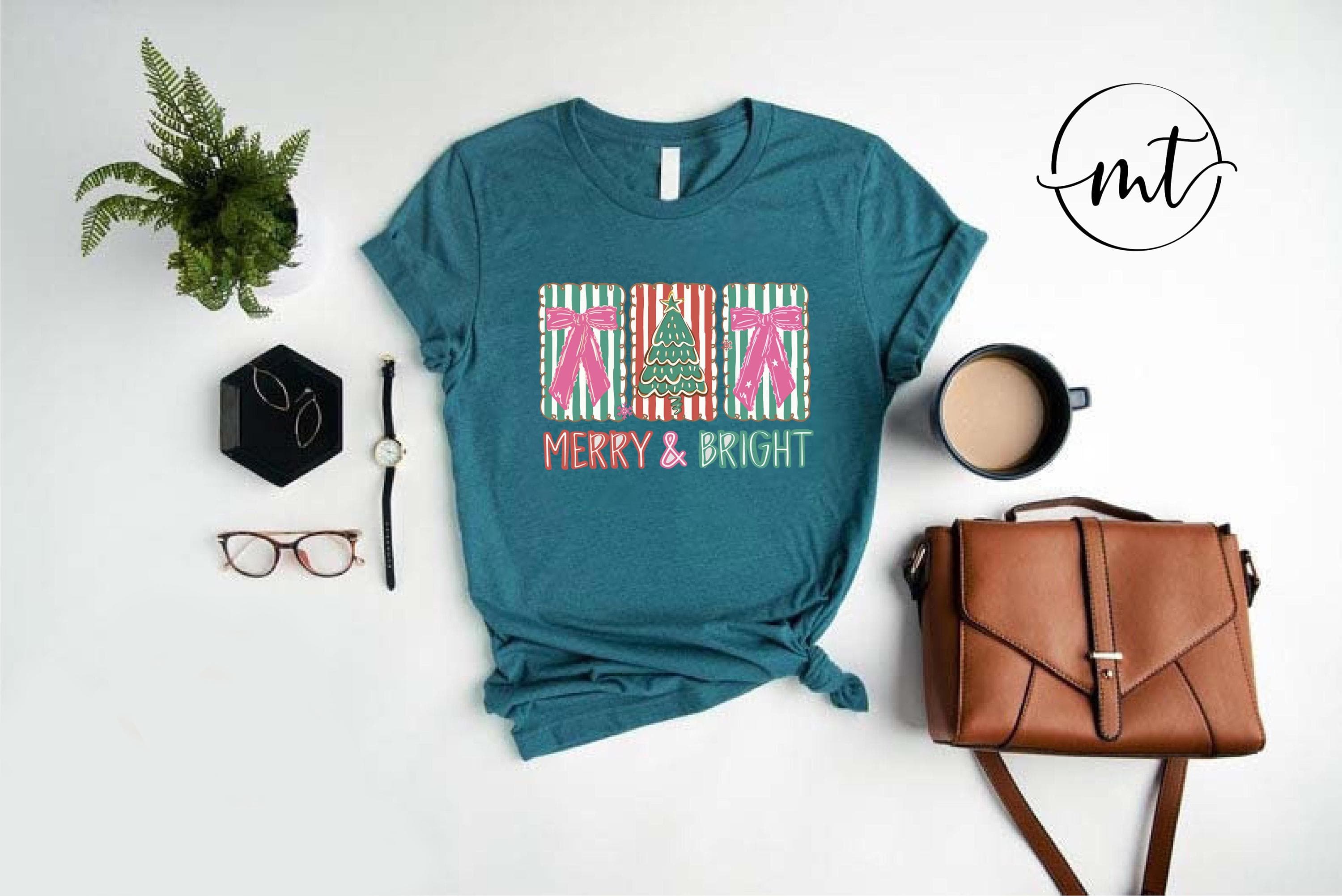 Merry & Bright Christmas T-Shirt , Cute Holiday Bow and Tree Graphic Tee in White, Festive Winter Outfit for Women - image 5