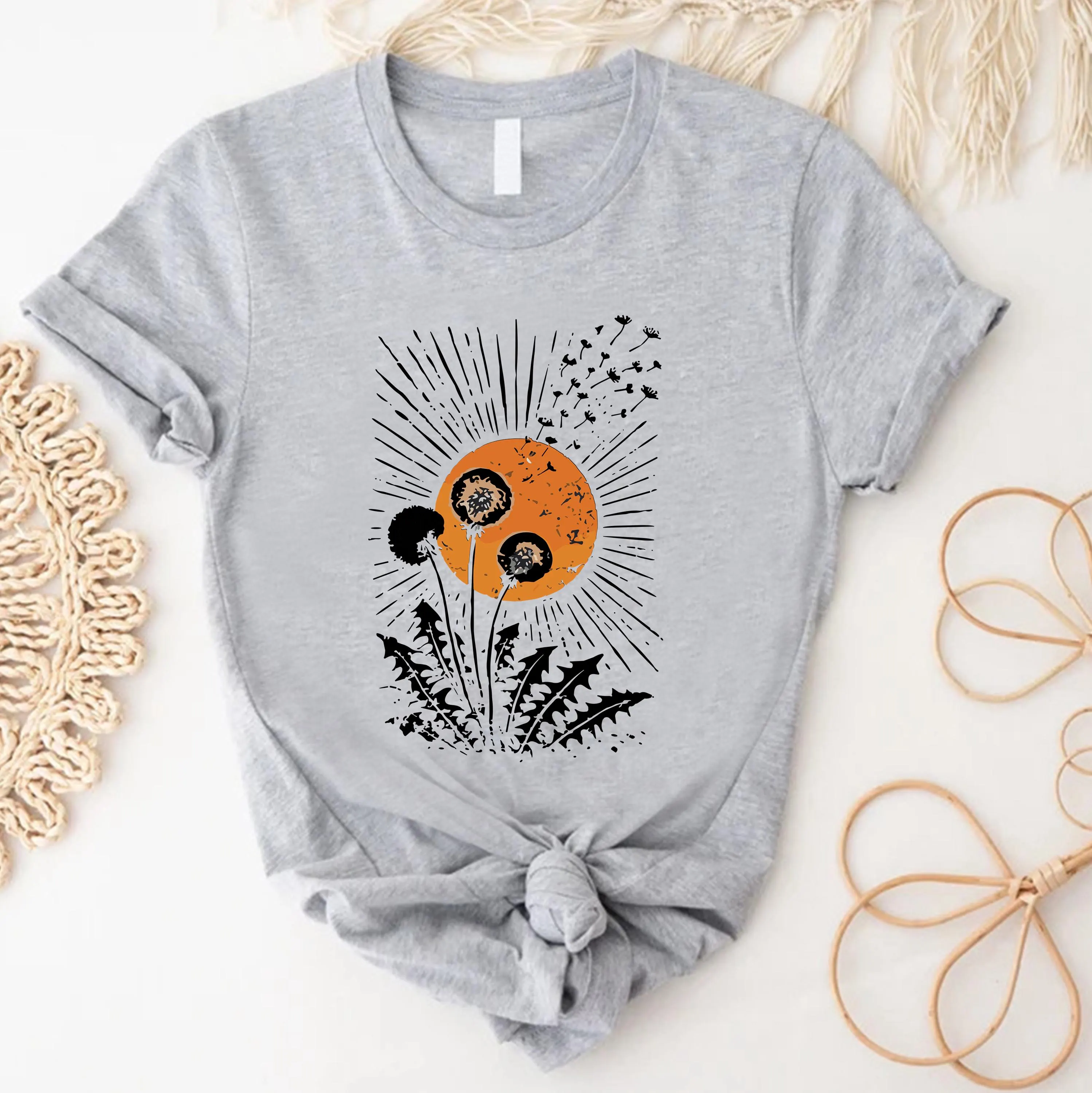 Boho Dandelion Shirt, Nature Inspired Sun Graphic Tee, Wildflower Botanical T-Shirt - image 4