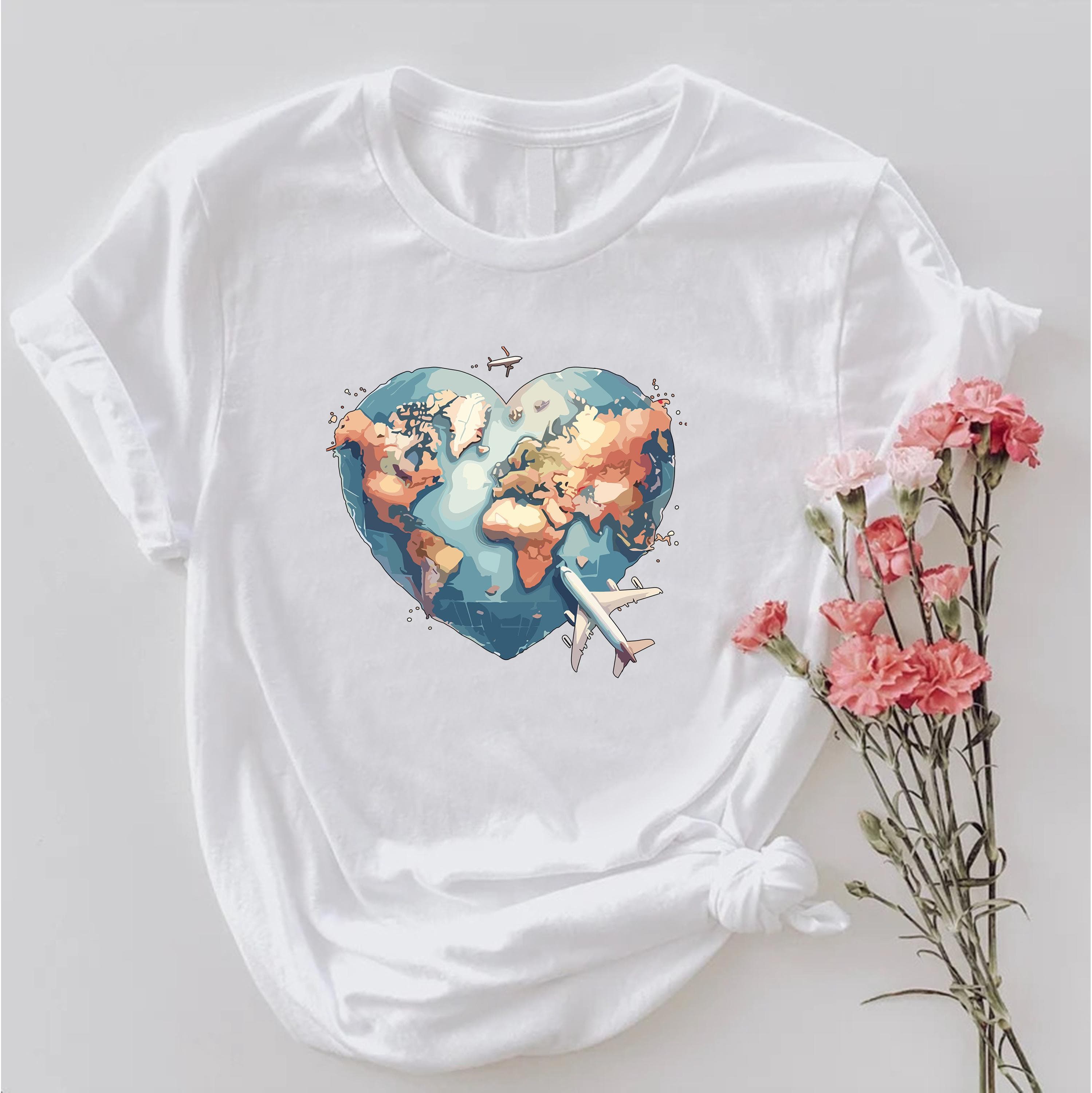 Heart World Map Shirt, Travel Lover Airplane Graphic Tee - image 4
