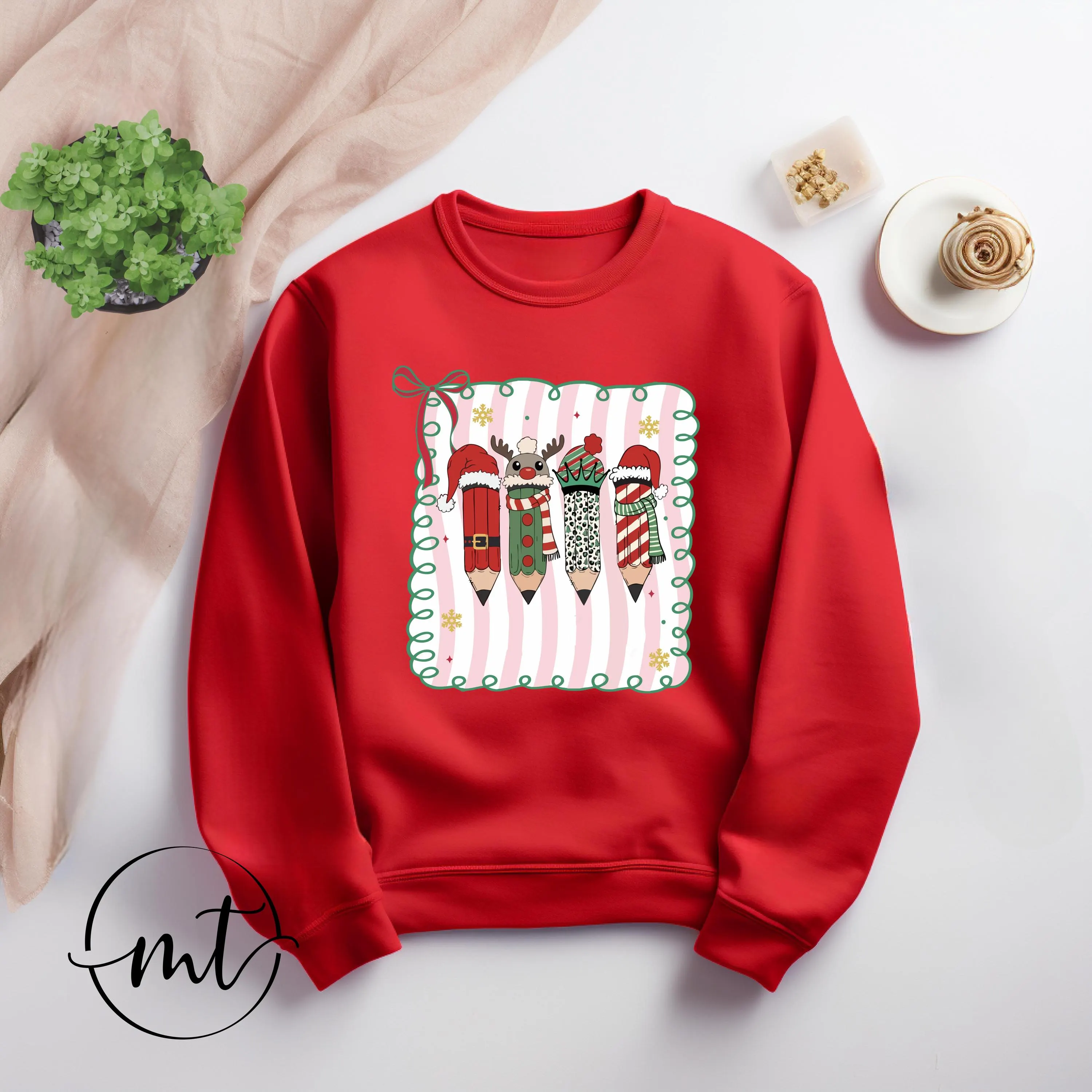 Christmas Teacher Sweatshirt , Festive Pencil & Reindeer Graphic Pullover in White, Cute Holiday Outfit for Educators
