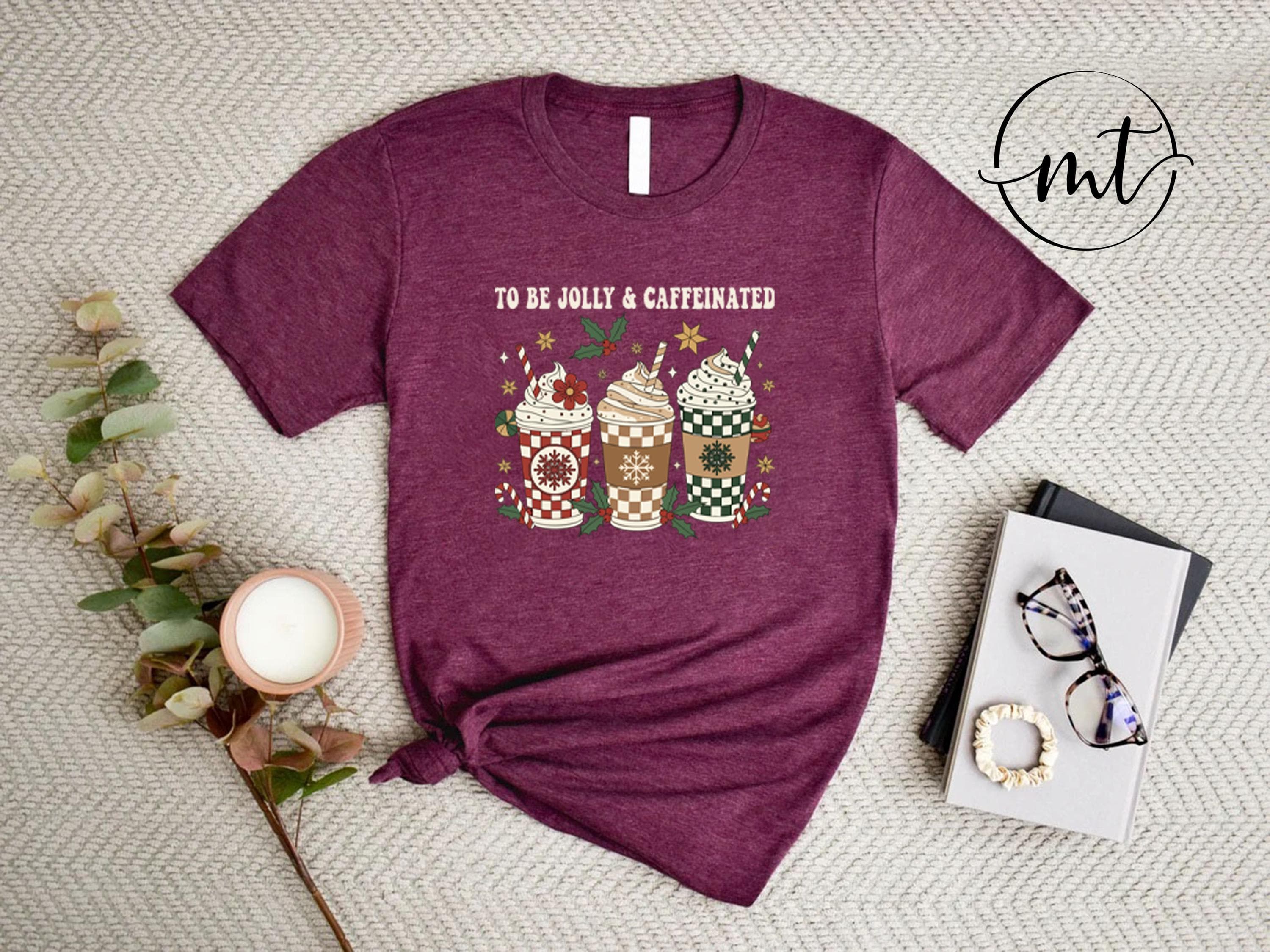 Jolly & Caffeinated Christmas T-Shirt , Festive Holiday Coffee Lovers Graphic Tee in White, Cozy Winter Outfit - image 4
