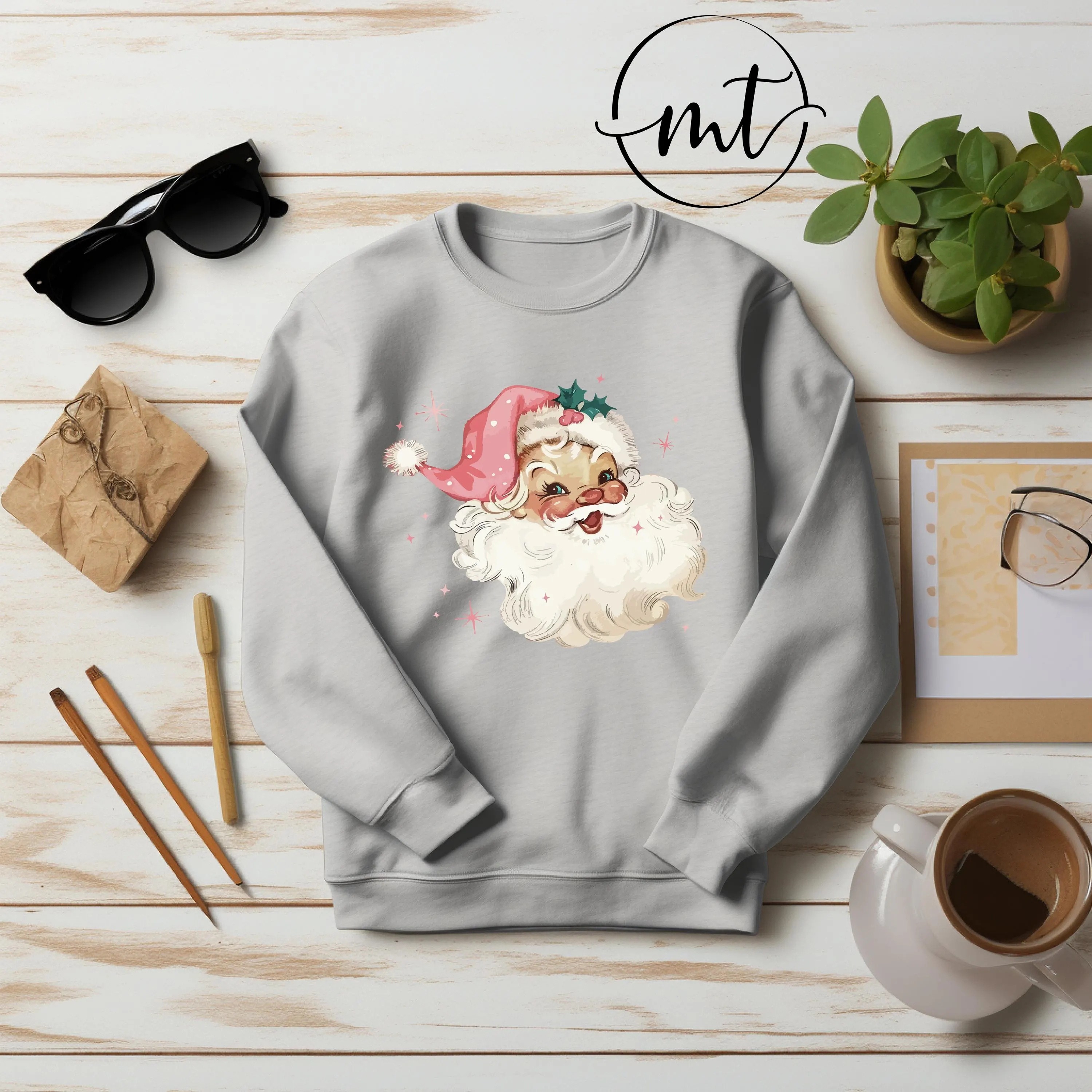 Vintage Santa Sweatshirt , Retro Christmas Graphic Pullover in Maroon with Pink Hat, Festive Holiday Winter Outfit