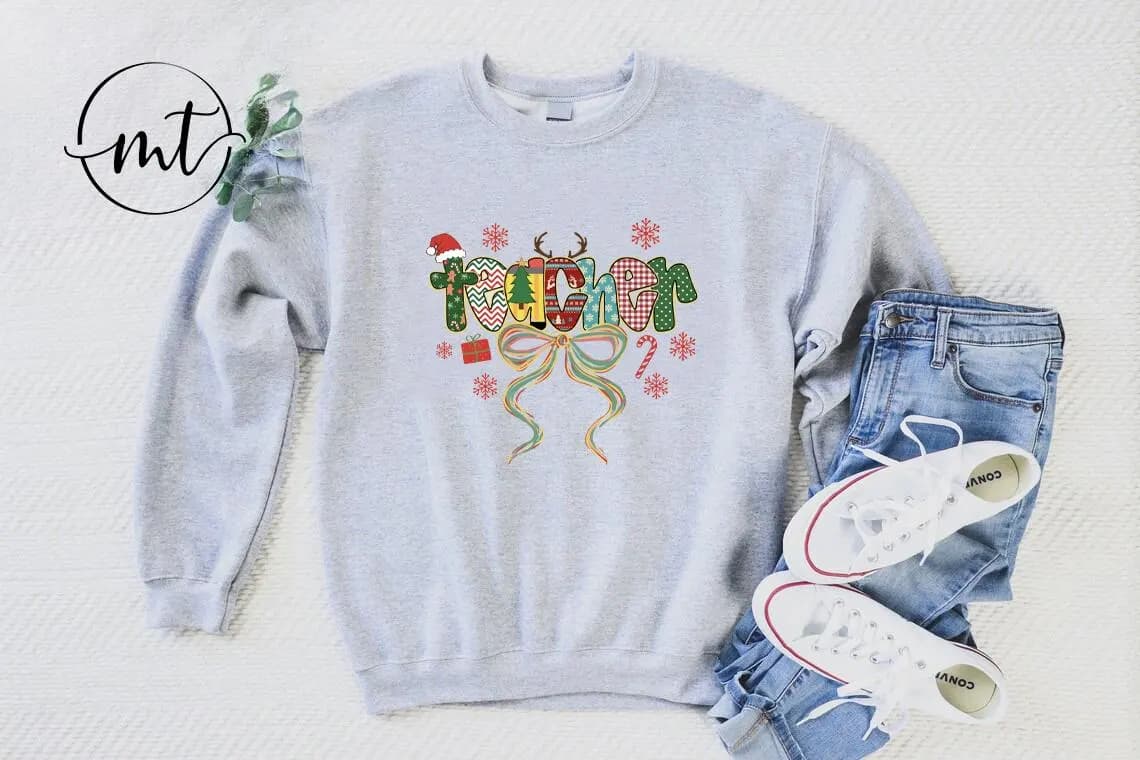 Christmas Teacher Sweatshirt , Festive Holiday Graphic Pullover with Santa Hat & Bow in White, Cute Winter Outfit