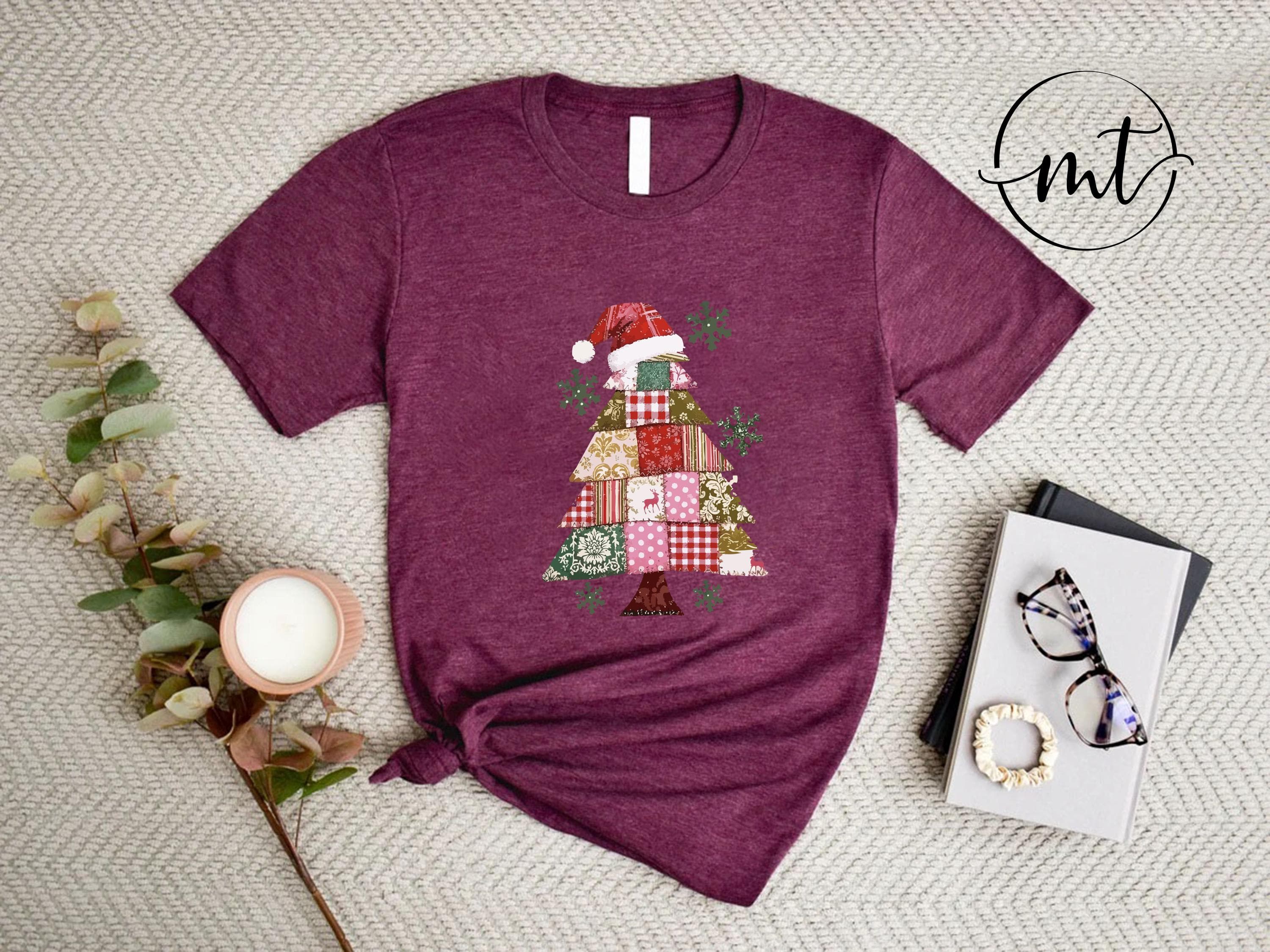 Patchwork Christmas Tree T-Shirt , Festive Holiday Graphic Tee in White with Santa Hat, Cozy Winter Outfit for Women - image 4