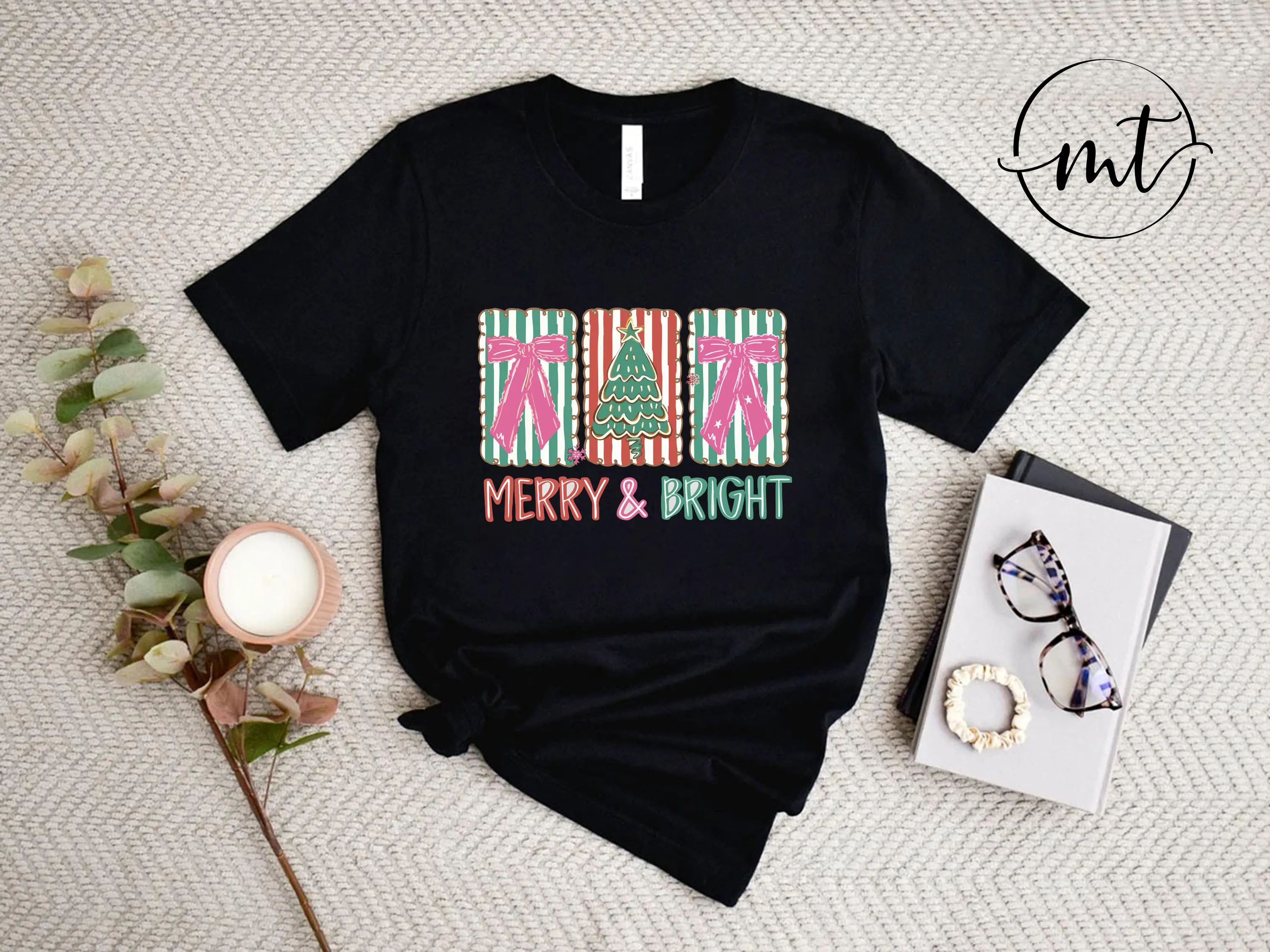 Merry & Bright Christmas T-Shirt , Cute Holiday Bow and Tree Graphic Tee in White, Festive Winter Outfit for Women