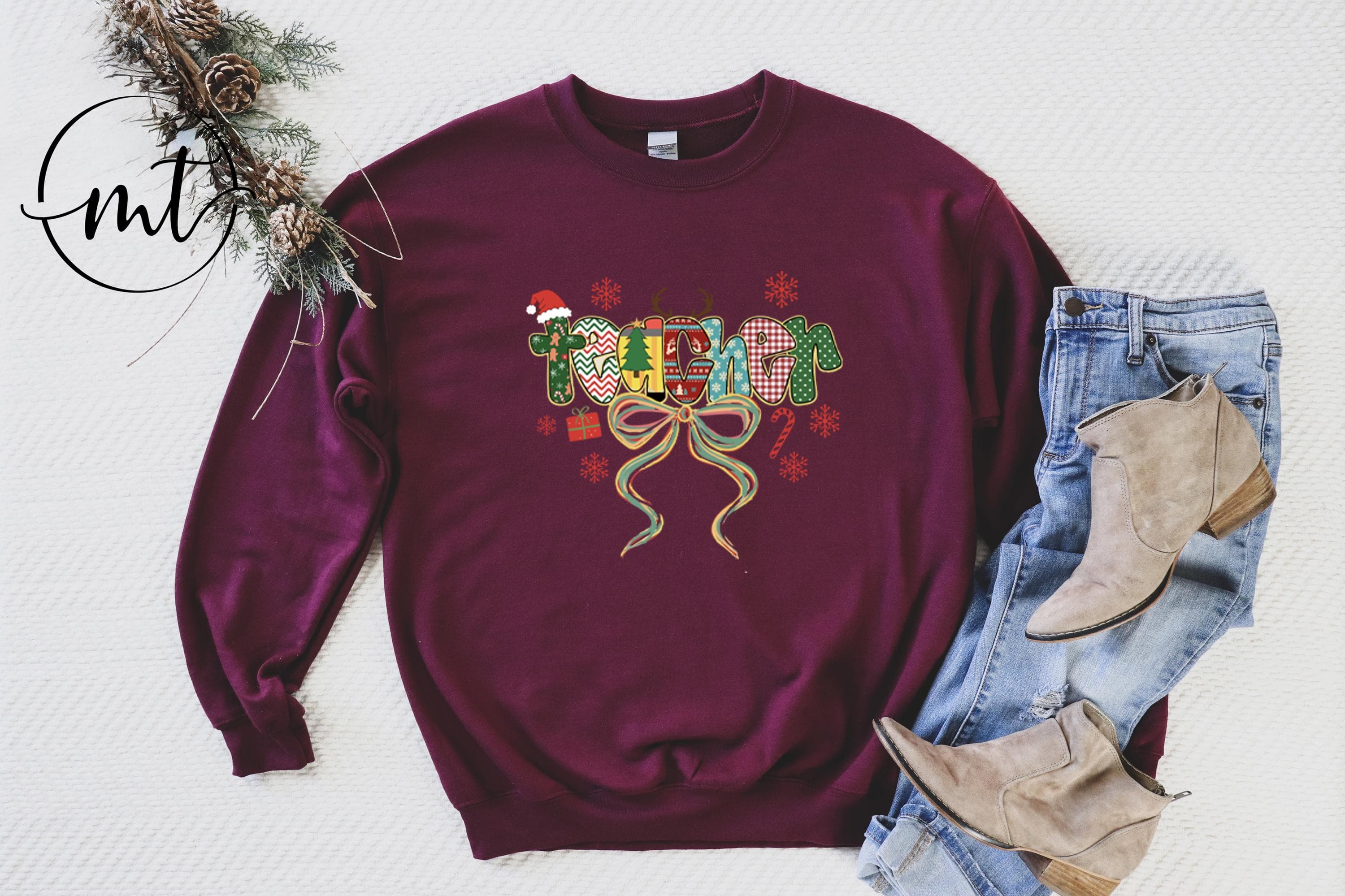 Christmas Teacher Sweatshirt , Festive Holiday Graphic Pullover with Santa Hat & Bow in White, Cute Winter Outfit - image 3