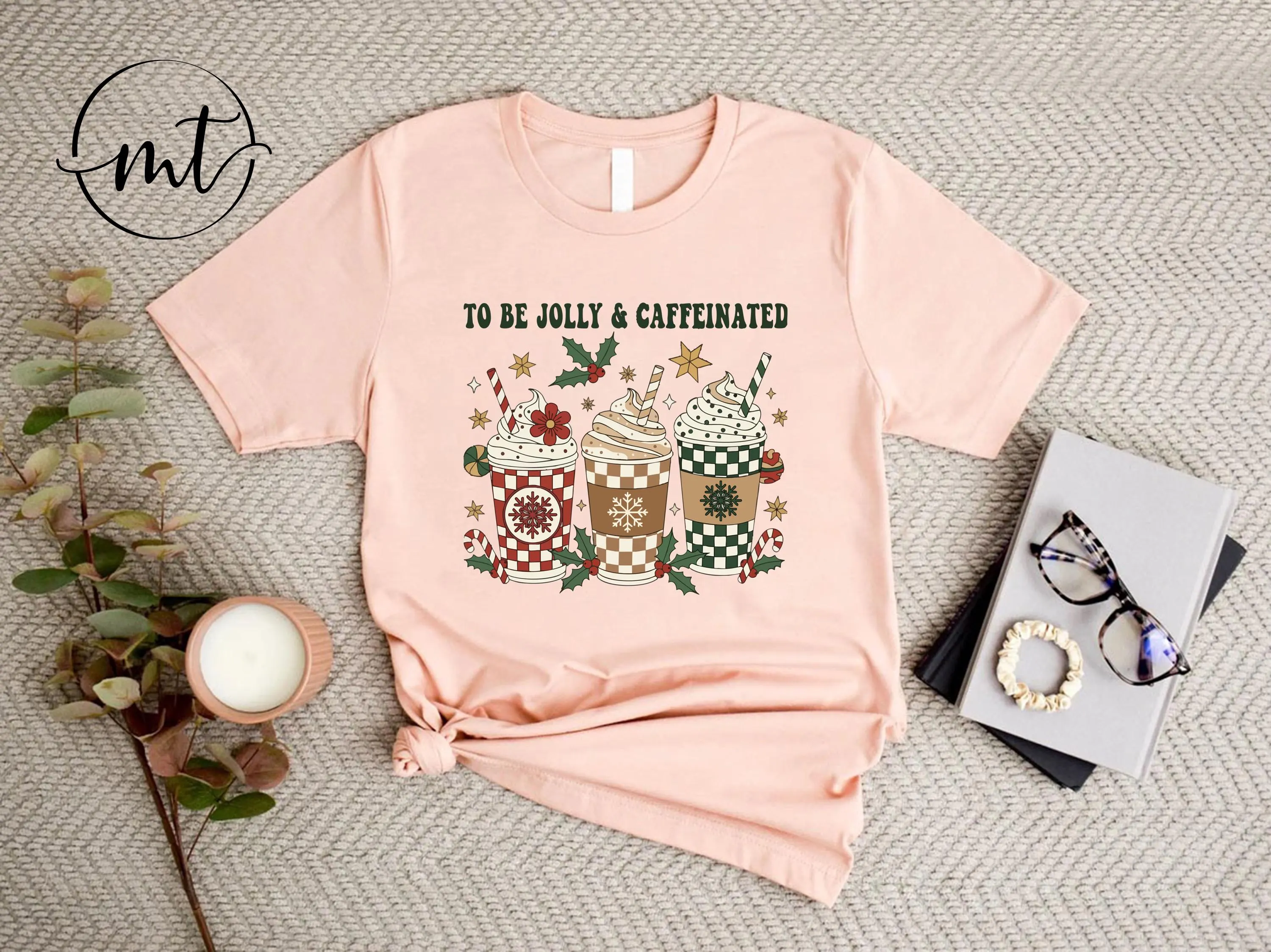 Jolly & Caffeinated Christmas T-Shirt , Festive Holiday Coffee Lovers Graphic Tee in White, Cozy Winter Outfit
