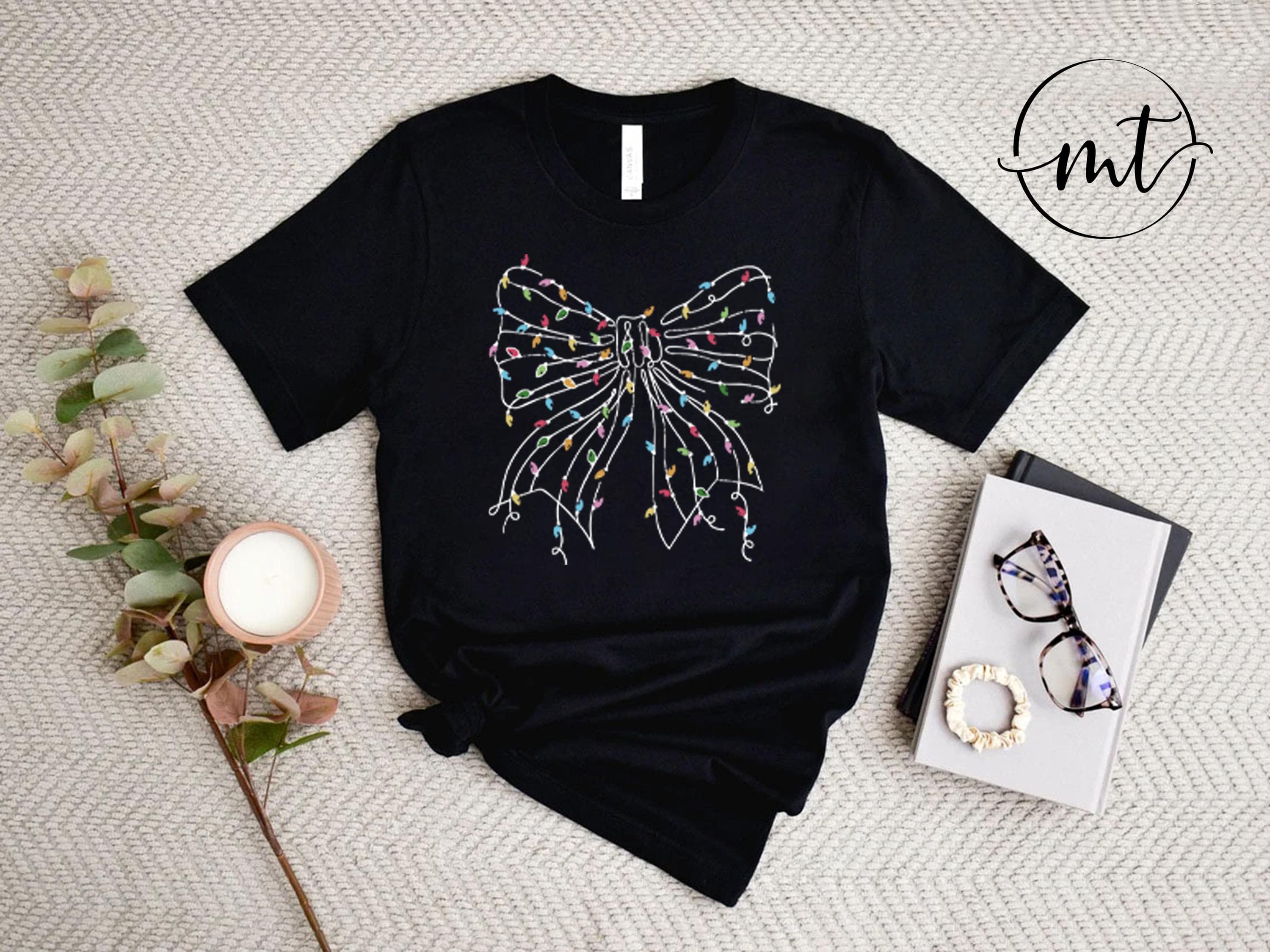 Christmas Bow T-Shirt , Festive Holiday Lights Graphic Tee in Black, Cute Christmas Outfit for Women & Teens - image 4
