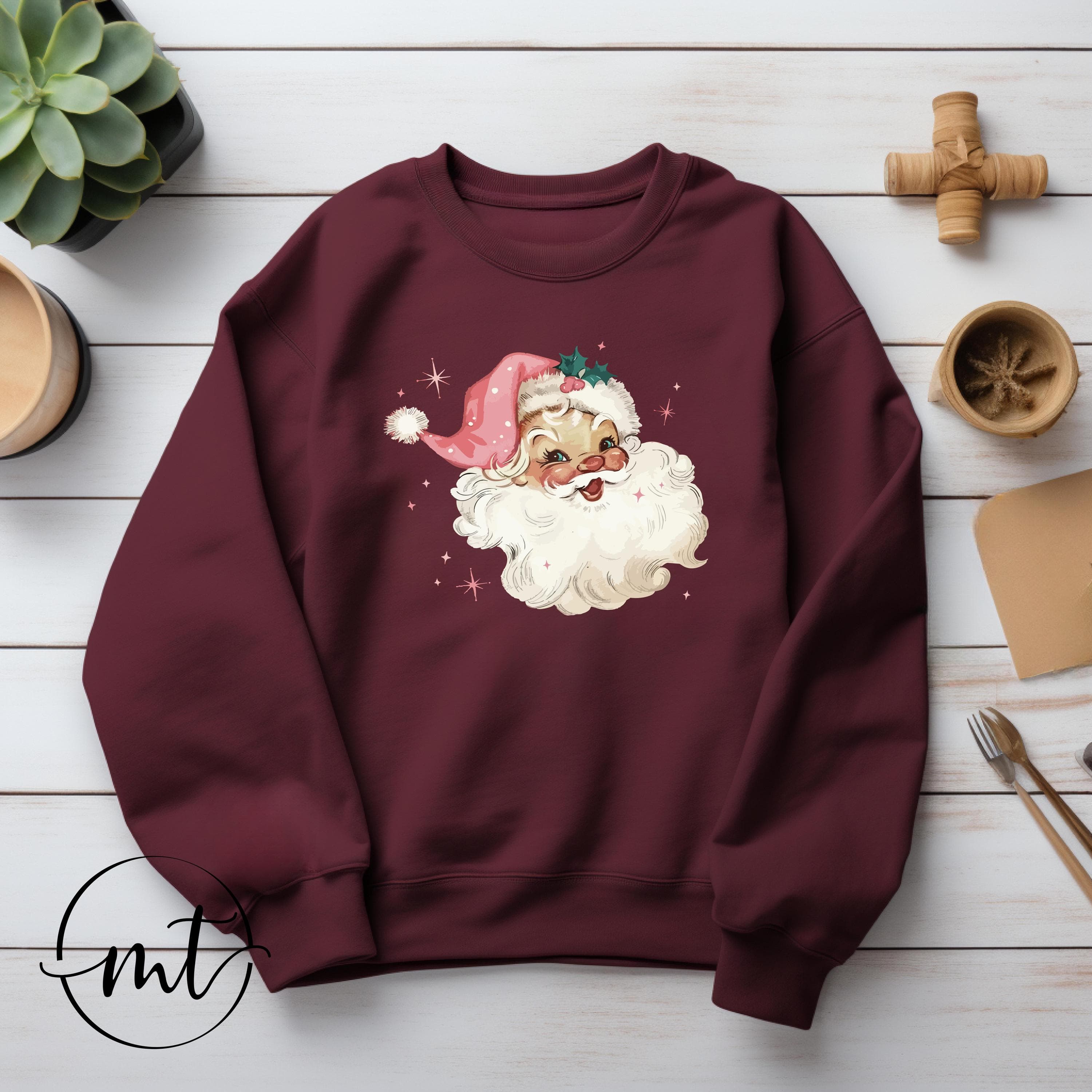 Vintage Santa Sweatshirt , Retro Christmas Graphic Pullover in Maroon with Pink Hat, Festive Holiday Winter Outfit - image 5
