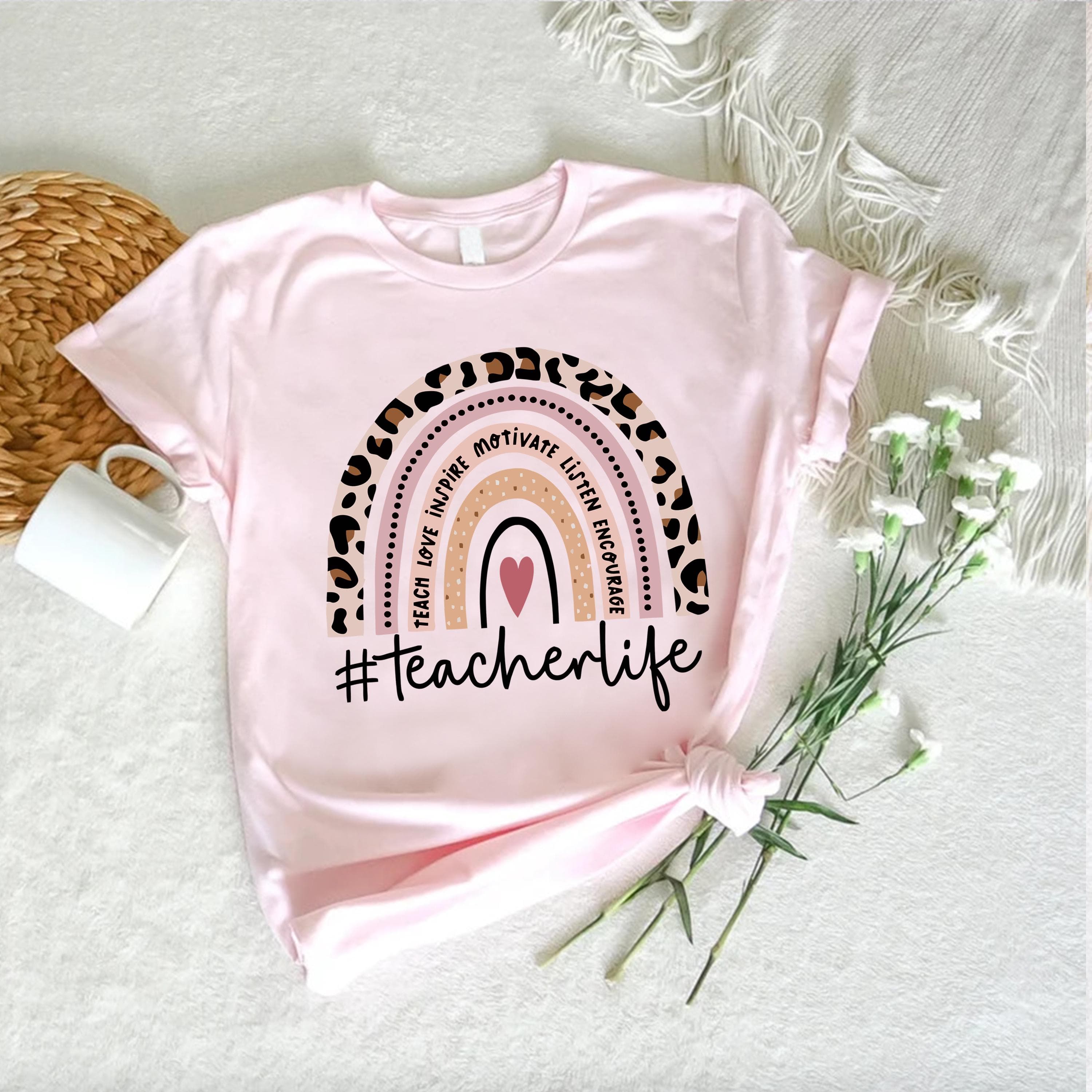 Leopard Rainbow Teacher Shirt, Cute Teacher Life Tee, Back to School Shirt, Teacher Appreciation Gift, Pastel Teacher T-Shirt, Cute Gift Tee