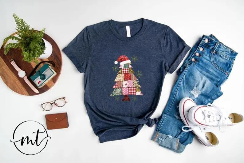 Patchwork Christmas Tree T-Shirt , Festive Holiday Graphic Tee in White with Santa Hat, Cozy Winter Outfit for Women - image 5