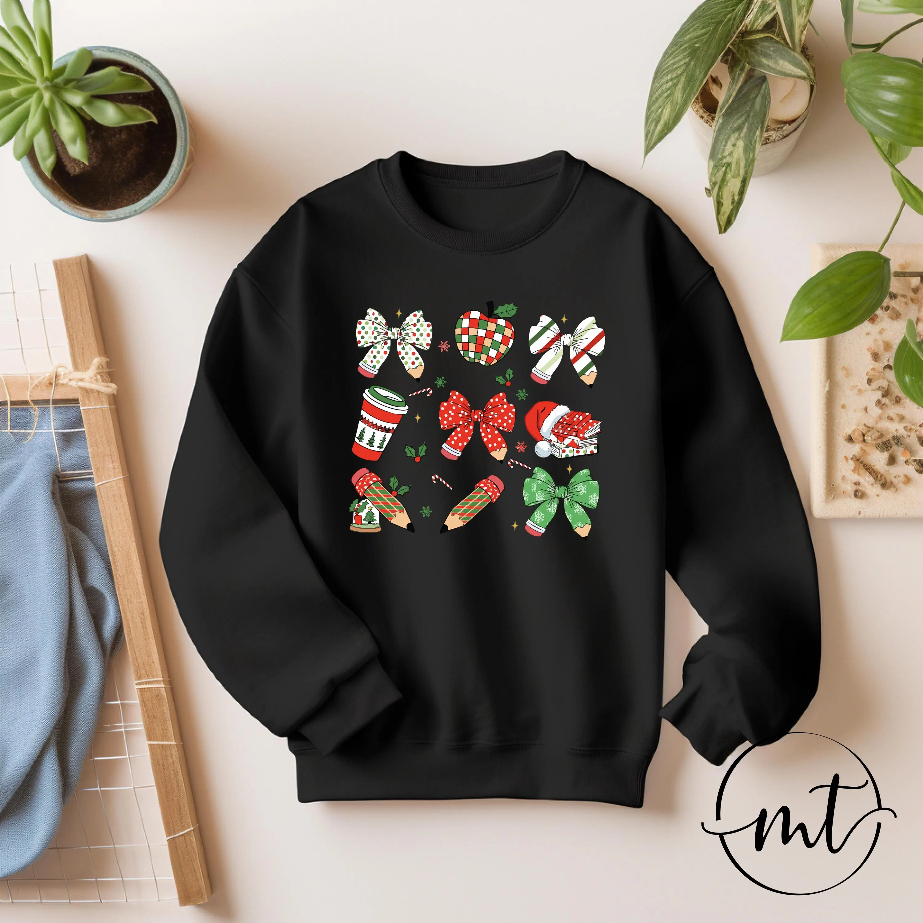 Christmas Teacher Sweatshirt , Festive Bows, Pencils & Holiday Icons Graphic Pullover in Black, Cute Winter Outfit - image 5