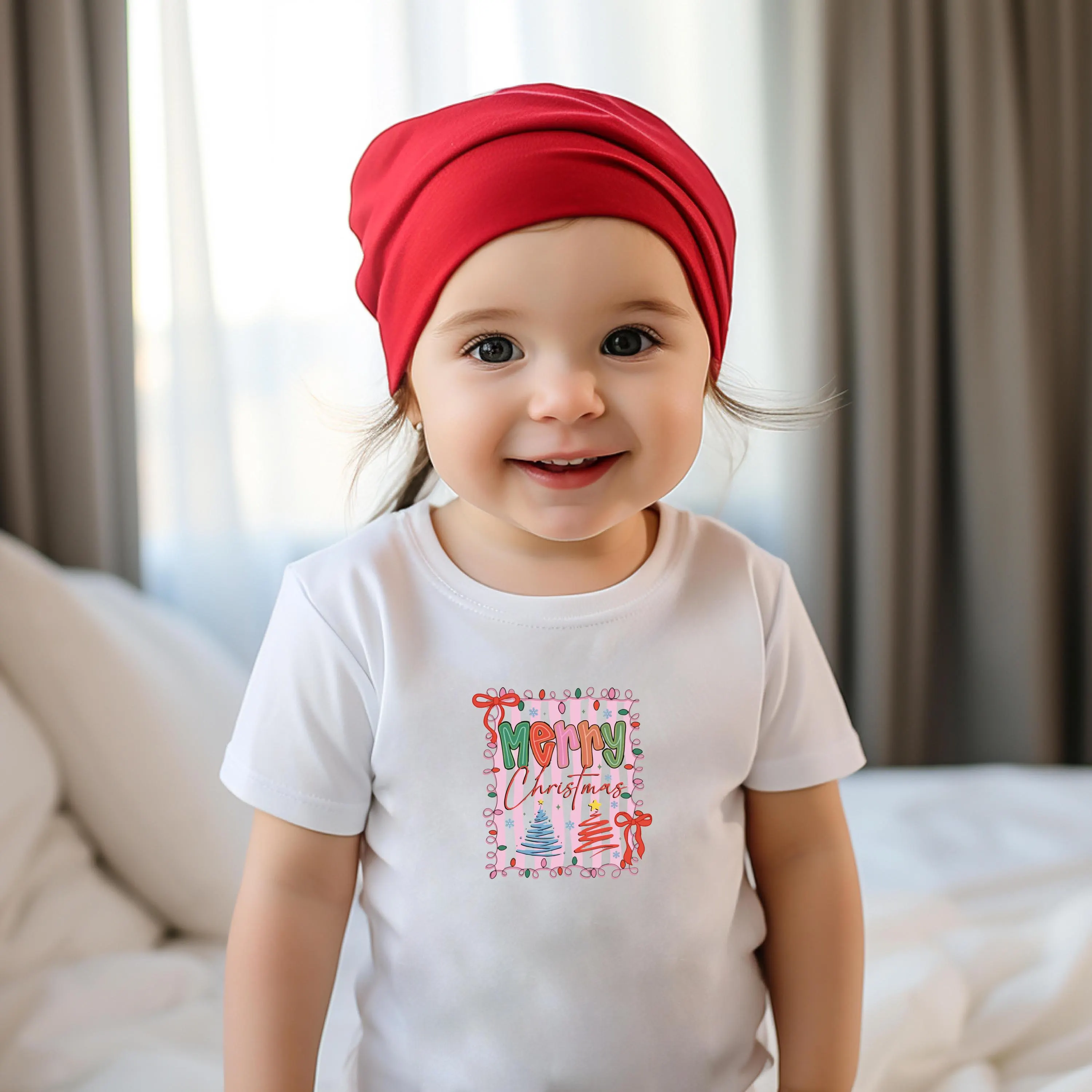 Toddler Girl Christmas T-Shirt , Cute “Merry” Graphic Tee in Navy, Festive Holiday Outfit & Gift Idea for Kids