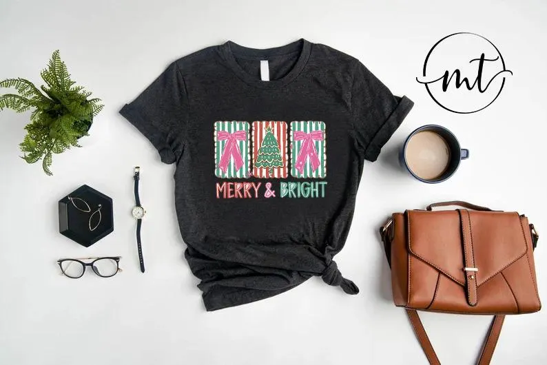 Merry & Bright Christmas T-Shirt , Cute Holiday Bow and Tree Graphic Tee in White, Festive Winter Outfit for Women - image 4