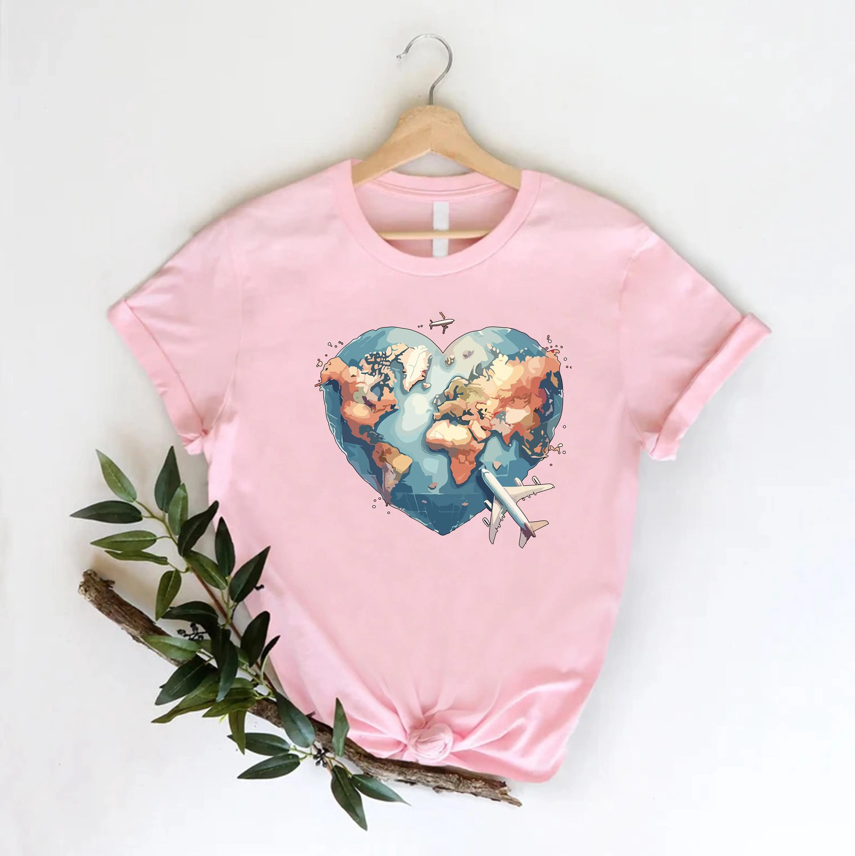 Heart World Map Shirt, Travel Lover Airplane Graphic Tee - image 5