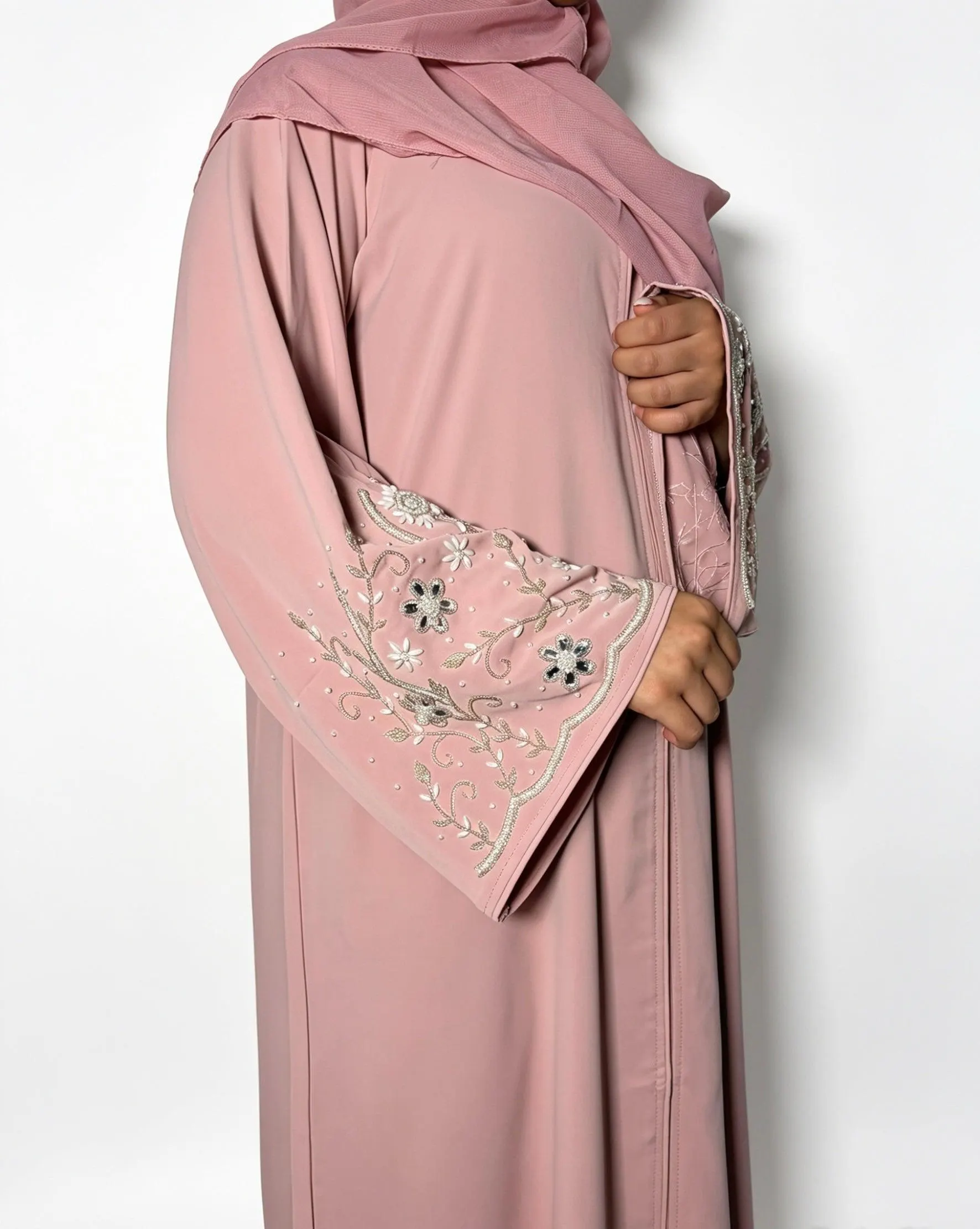 Haniya Abaya with Silver Floral Embellishments and Matching Scarf - image 4