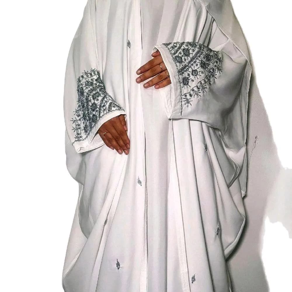 Huma Abaya Modesty - White with Silver Embellishments, Long Sleeve U Neck, Soft Fabric, Elegant Design for Occasion