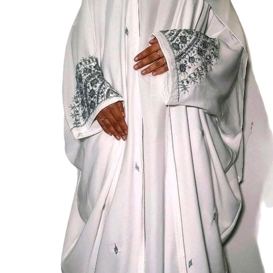 Huma Abaya Modesty - White with Silver Embellishments, Long Sleeve U Neck, Soft Fabric, Elegant Design for Occasion - image 2
