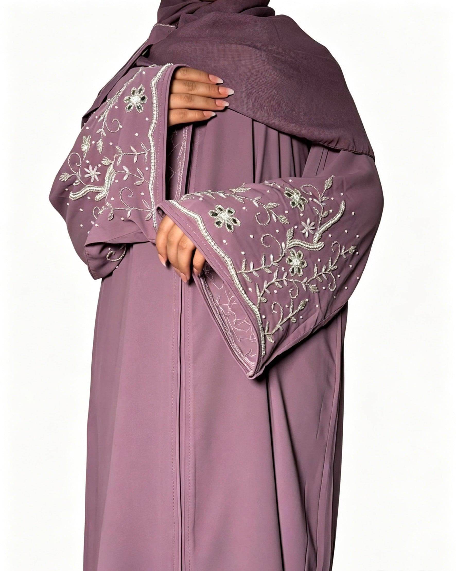 Haniya Abaya with Silver Floral Embellishments and Matching Scarf