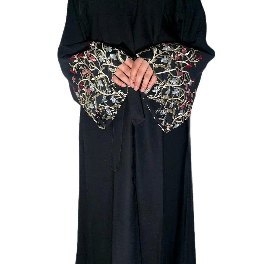 Embroidered Nida Abaya Set: 3-Piece Open Abaya with Scarf & Belt