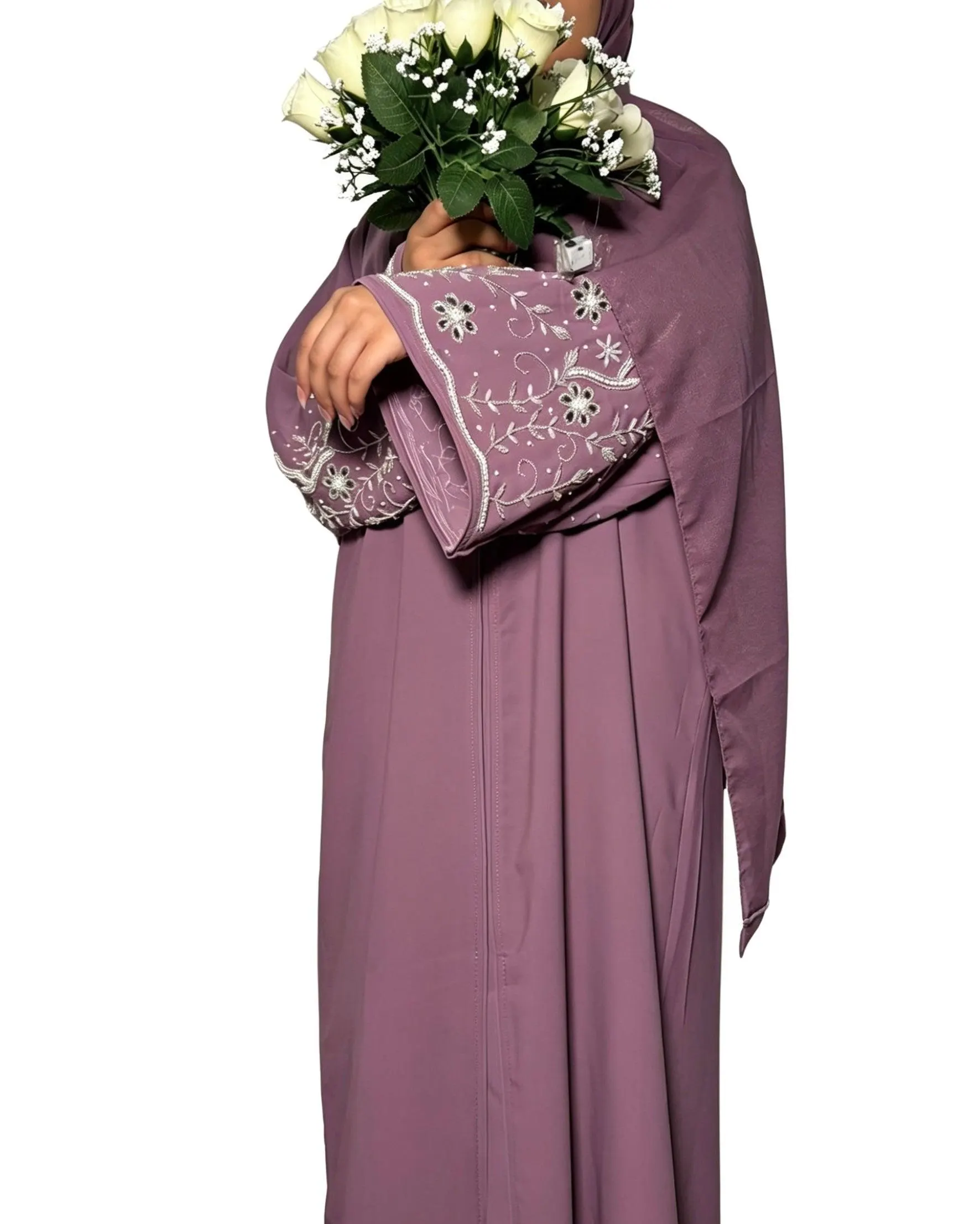 Haniya Abaya with Silver Floral Embellishments and Matching Scarf - image 5