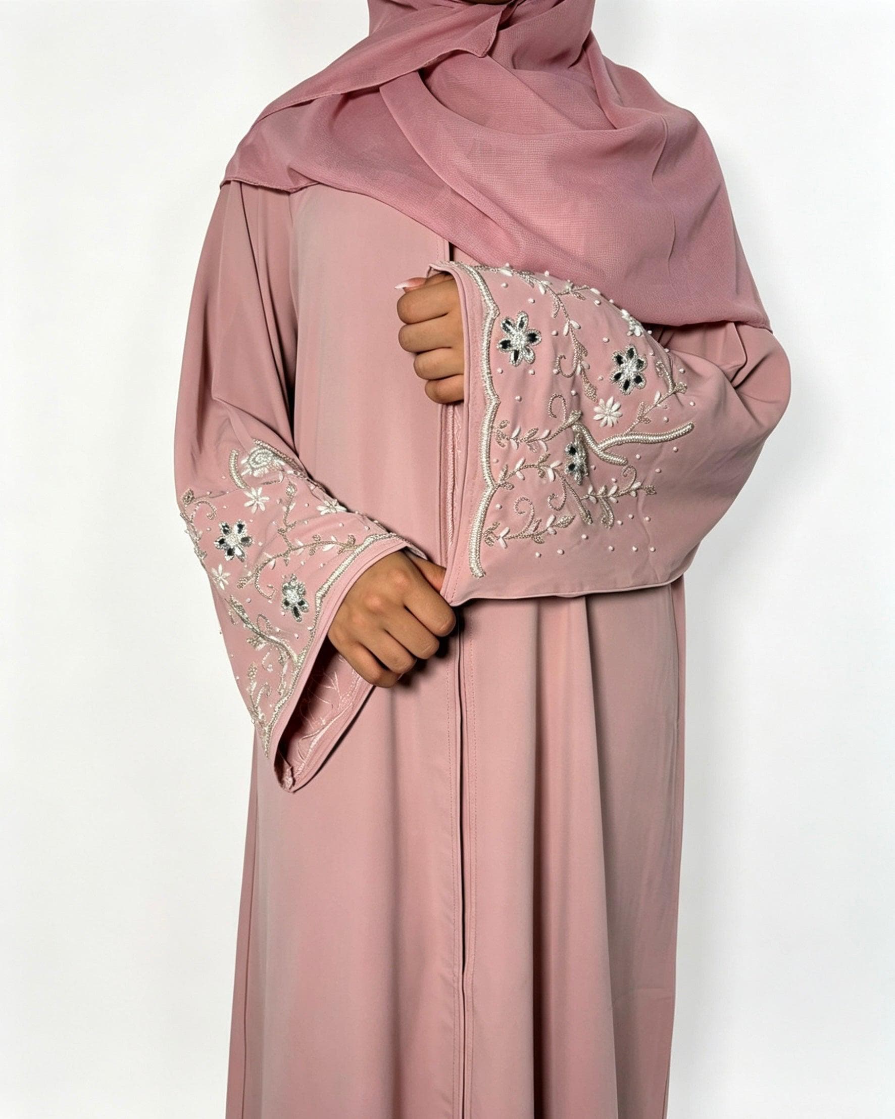 Haniya Abaya with Silver Floral Embellishments and Matching Scarf - image 2