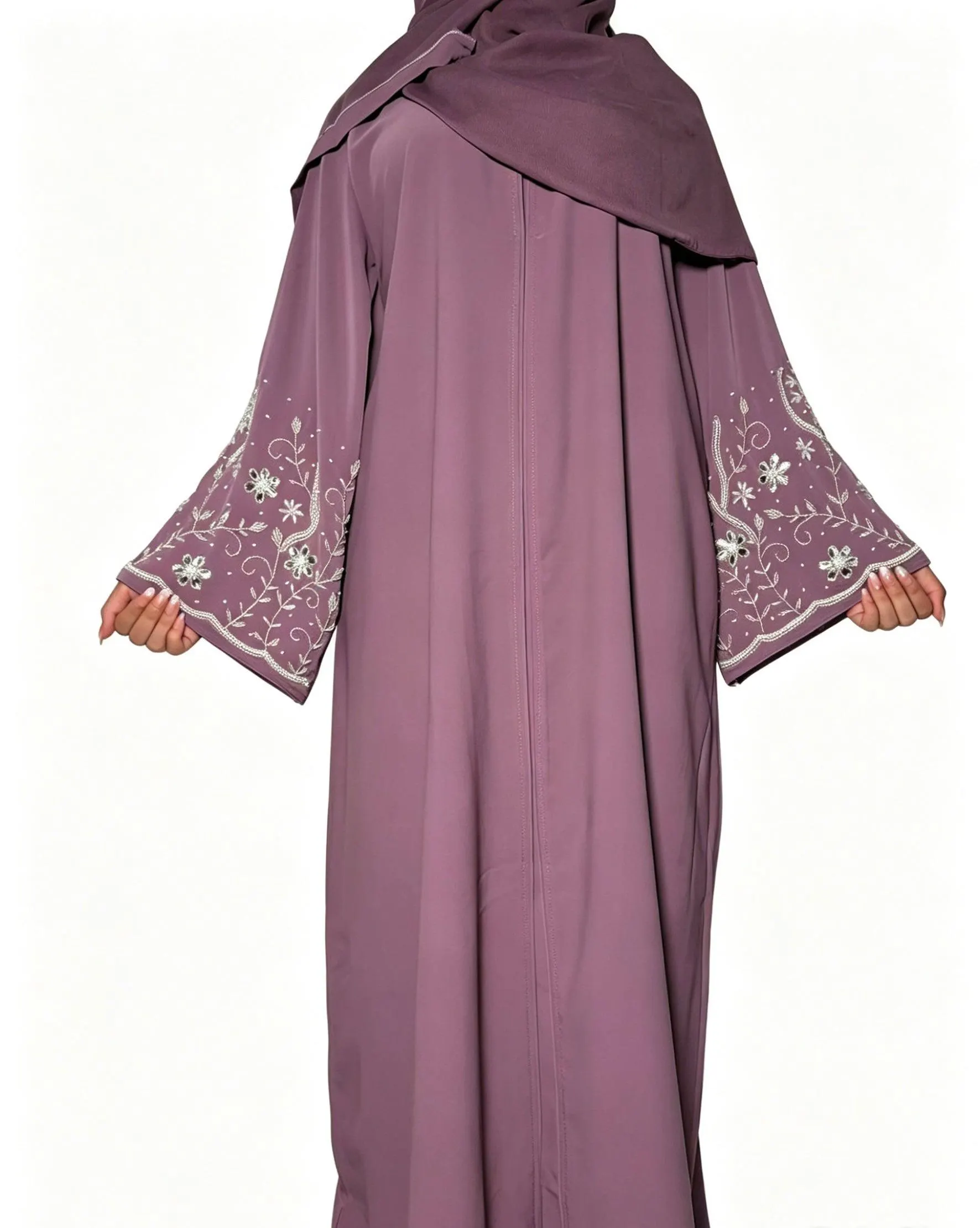 Haniya Abaya with Silver Floral Embellishments and Matching Scarf - image 3