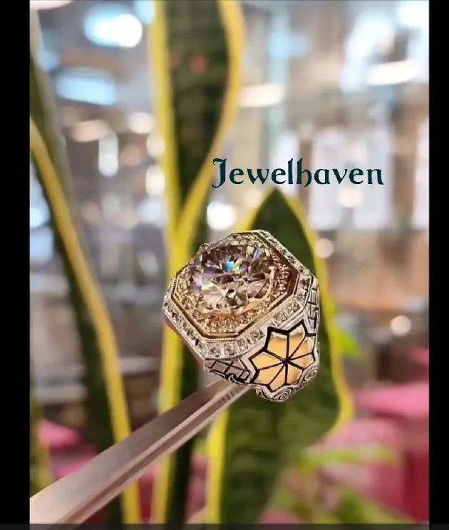 Royal Style Moissanite Ring | Hand-Engraved Sterling Silver Floral Halo Statement Ring - image 5