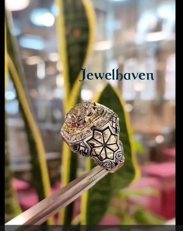 Royal Style Moissanite Ring | Hand-Engraved Sterling Silver Floral Halo Statement Ring