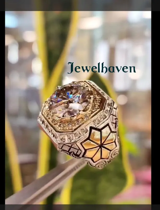 Royal Style Moissanite Ring | Hand-Engraved Sterling Silver Floral Halo Statement Ring - image 3