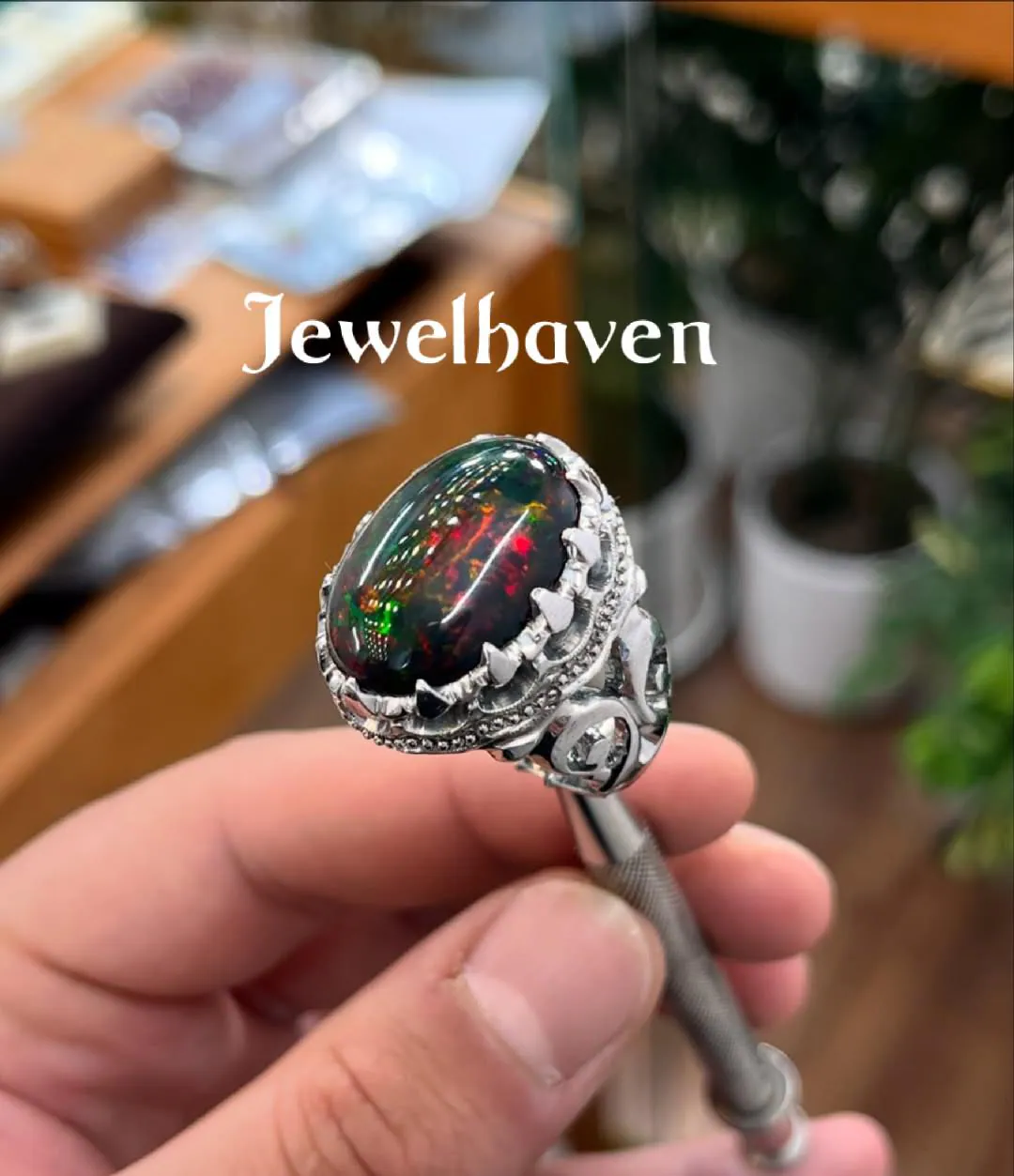 Natural Black Opal Stone Ring | Engraved 925 Silver Ring | Beautifully carved Band