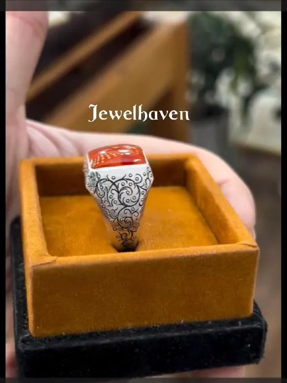 Engraved Agate Sterling Silver Ring | Handmade Beaded Band | Elegant Men's Ring - image 4