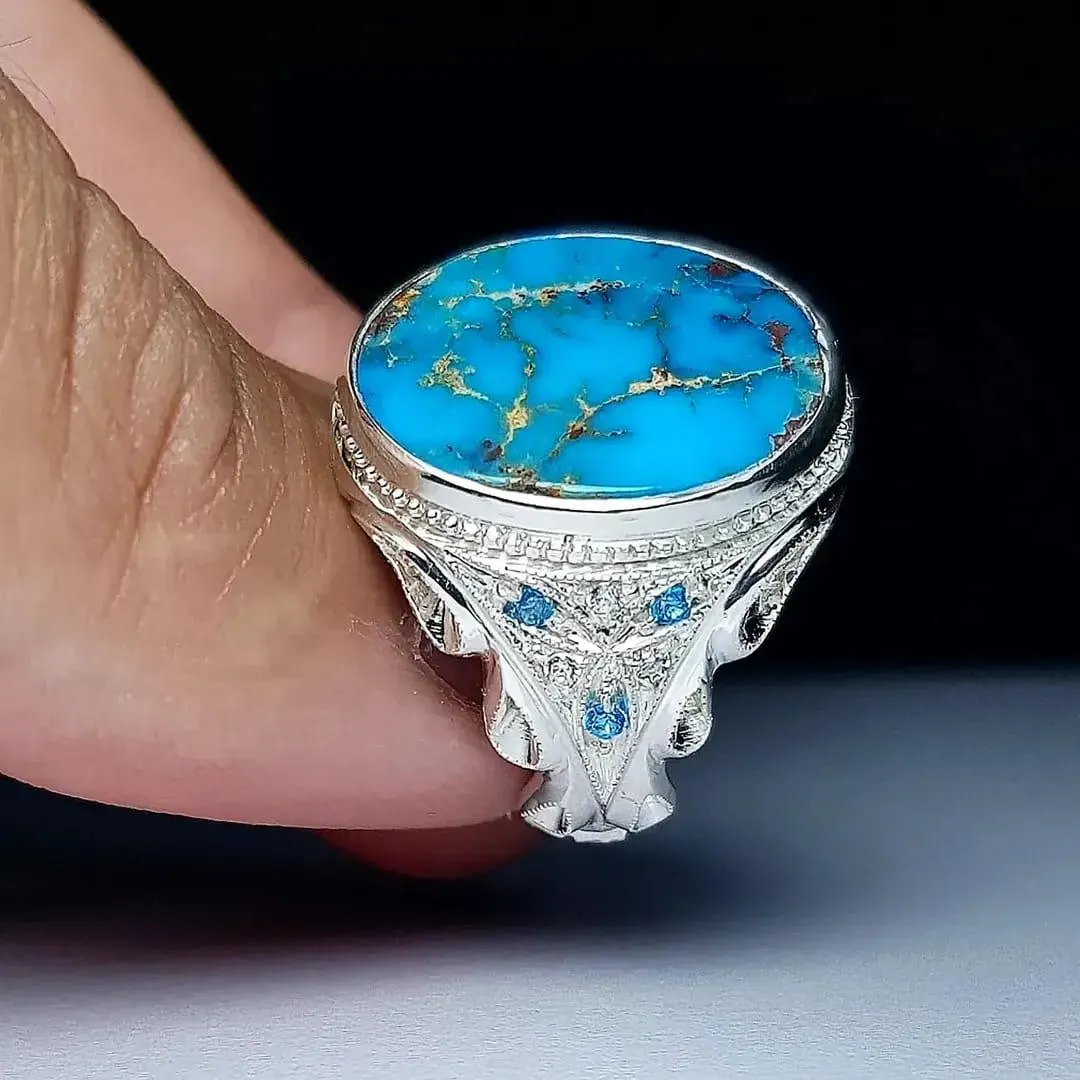 Handmade Turquoise Ring: 925 Sterling Silver Feroza Band, Vintage and Royal Style