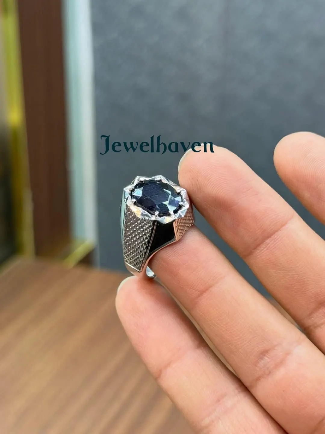 Men's Blue Sapphire Ring | Sterling Silver Statement Band | September Birthstone Jewelry, Gift for Him