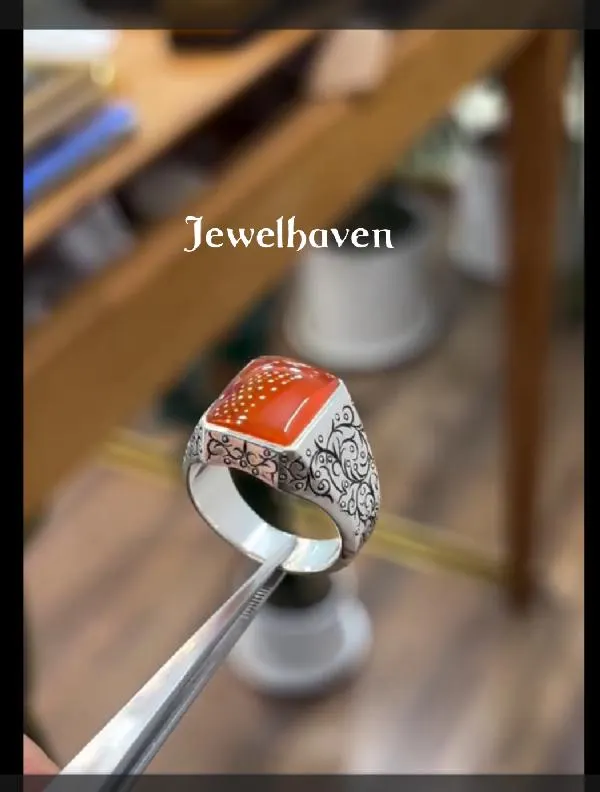 Engraved Agate Sterling Silver Ring | Handmade Beaded Band | Elegant Men's Ring - image 5