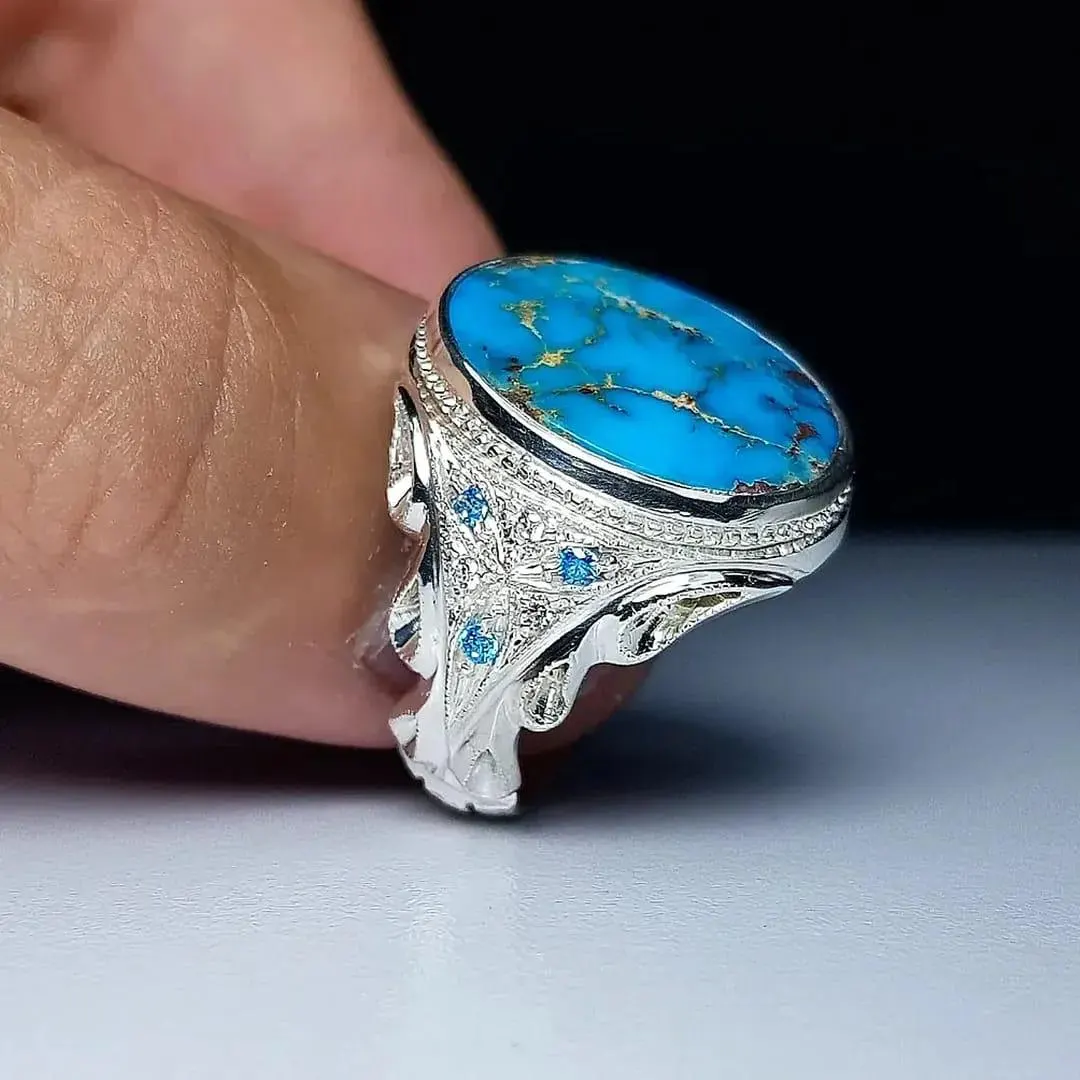 Handmade Turquoise Ring: 925 Sterling Silver Feroza Band, Vintage and Royal Style - image 5