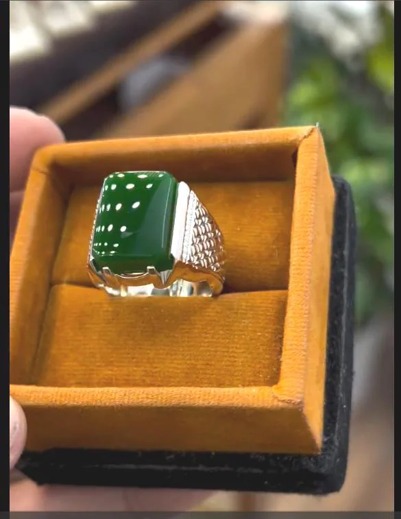Handmade 925 Silver Ring for Men: Green Agate Boho Statement