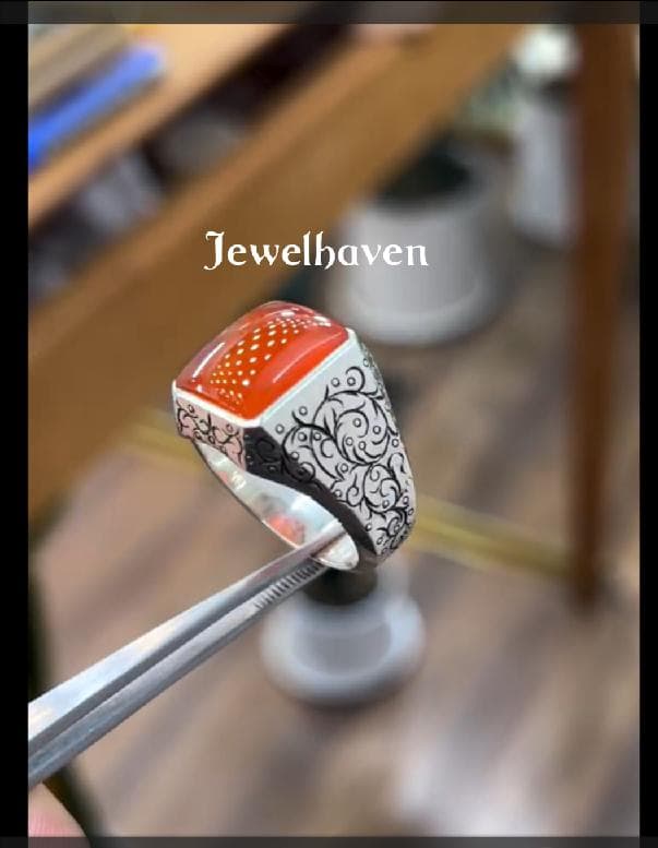 Engraved Agate Sterling Silver Ring | Handmade Beaded Band | Elegant Men's Ring - image 3