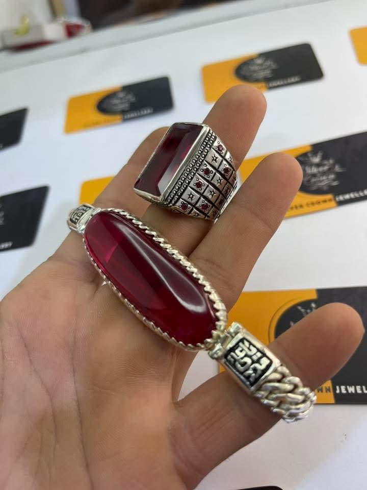 Hand-Engraved Sterling Silver Ruby Ring Bracelet Set | Islamic Jewelry for Him - image 3
