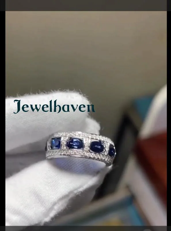 Elegant Blue Sapphire Engagement and Wedding Ring, White Gold Wedding Band Unisex