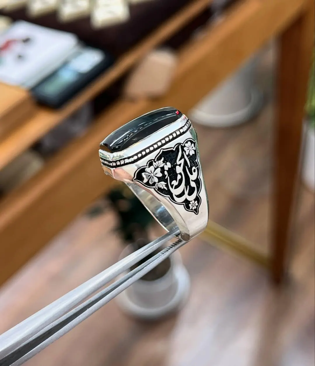 925 Sterling Silver Agate Ring with Celestial Engravings | Elegant Muslim Ring