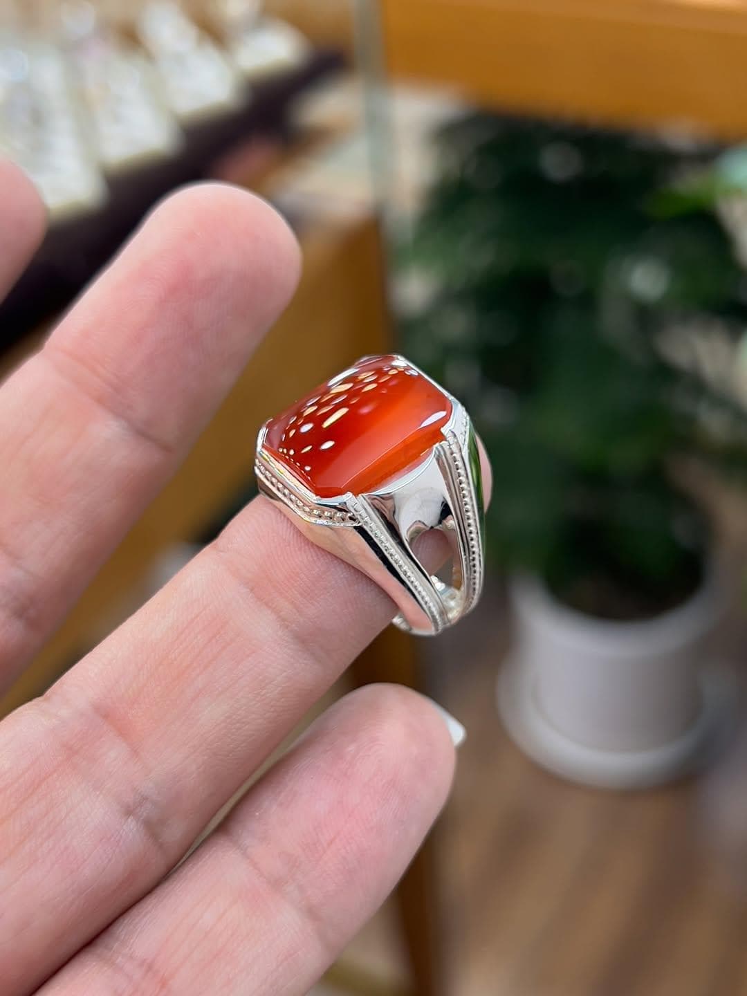 Men's Agate Ring: Handmade 925 Silver Band, Earth Tone Stone