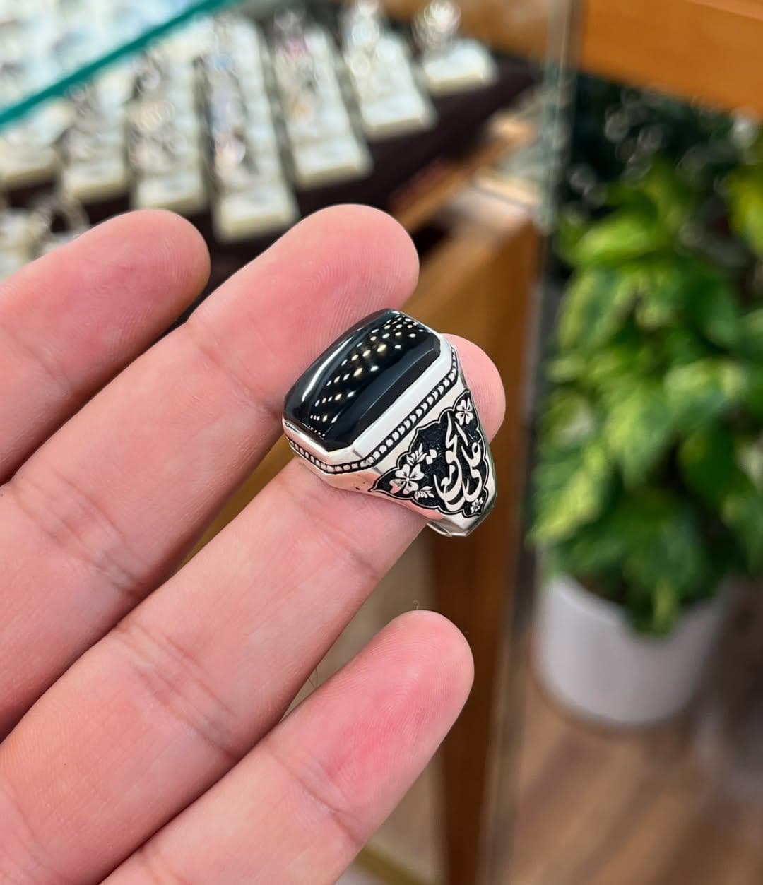 925 Sterling Silver Agate Ring with Celestial Engravings | Elegant Muslim Ring - image 3