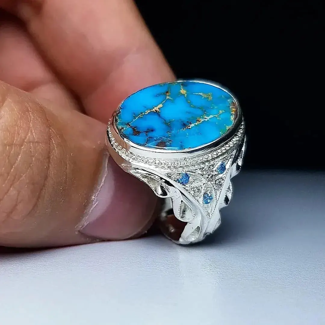 Handmade Turquoise Ring: 925 Sterling Silver Feroza Band, Vintage and Royal Style - image 3