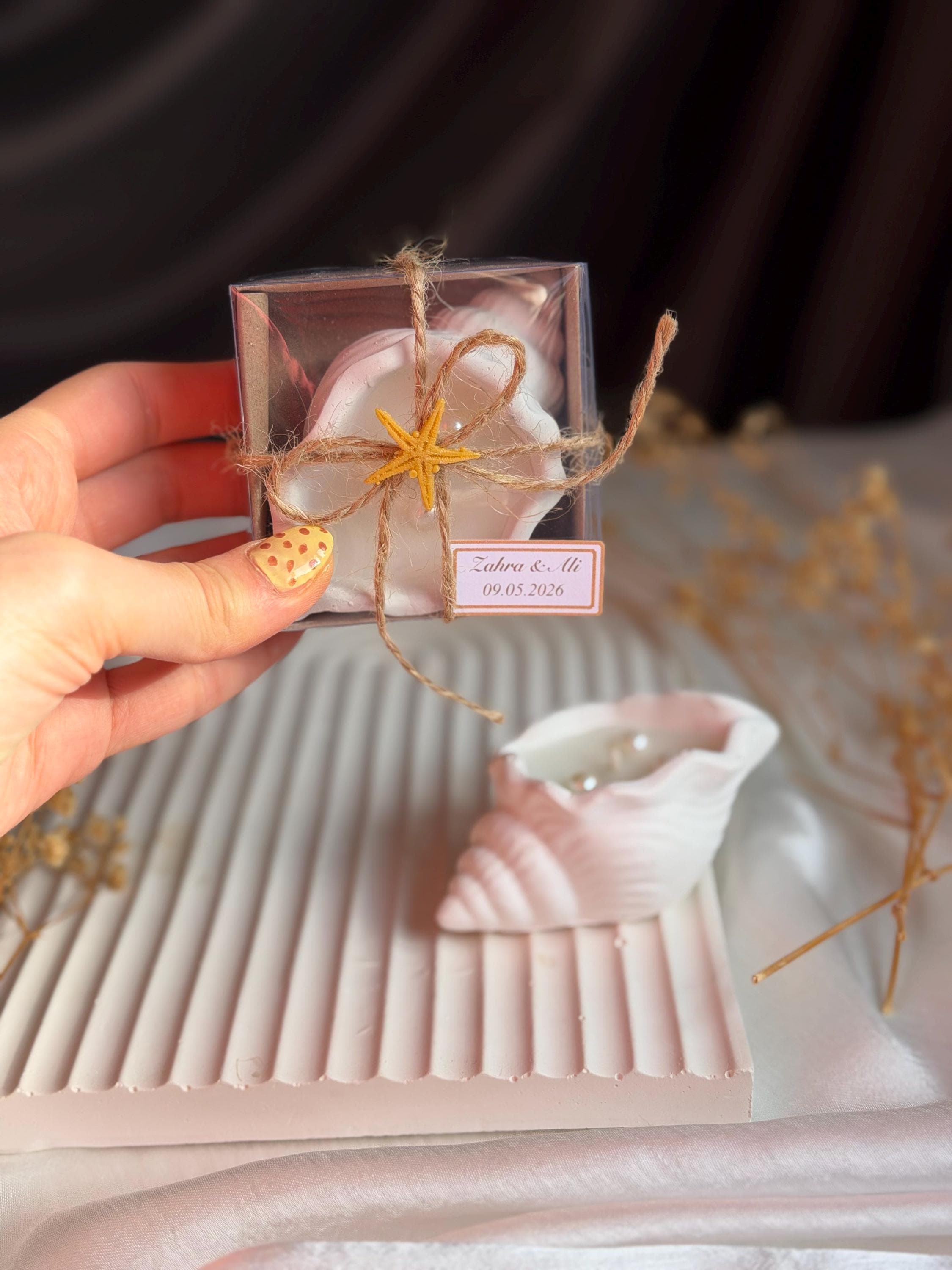 Concrete Seashell Candle Favor – Coastal Wedding Gift with Pearls & Starfish, Shell Candle Favor, Unique bulk gifts