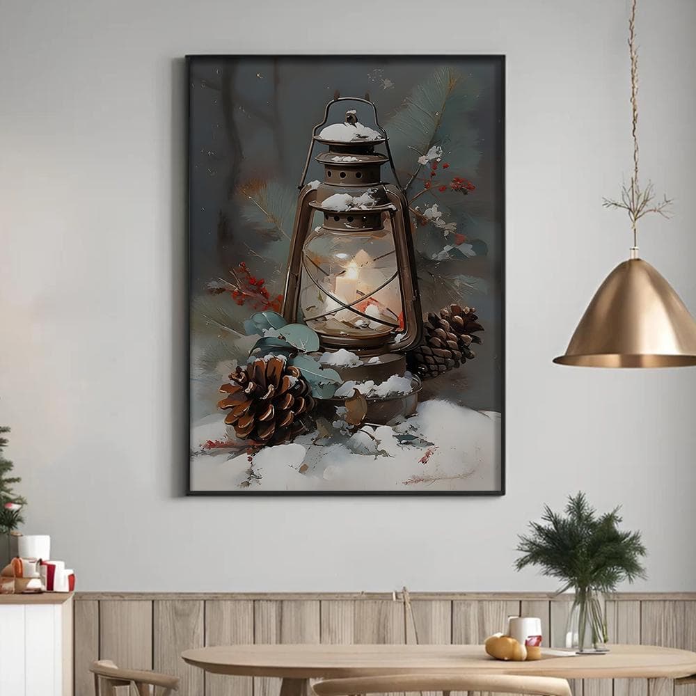 Winter Lantern Canvas Wall Art | Christmas Pinecone Still Life Oil Painting | Cozy Holiday Print Home Room Decor - image 5