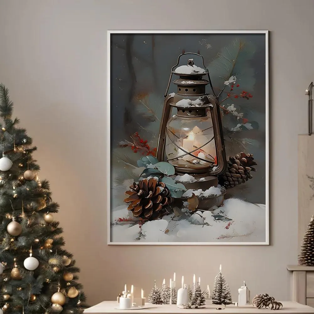 Winter Lantern Canvas Wall Art | Christmas Pinecone Still Life Oil Painting | Cozy Holiday Print Home Room Decor - image 3